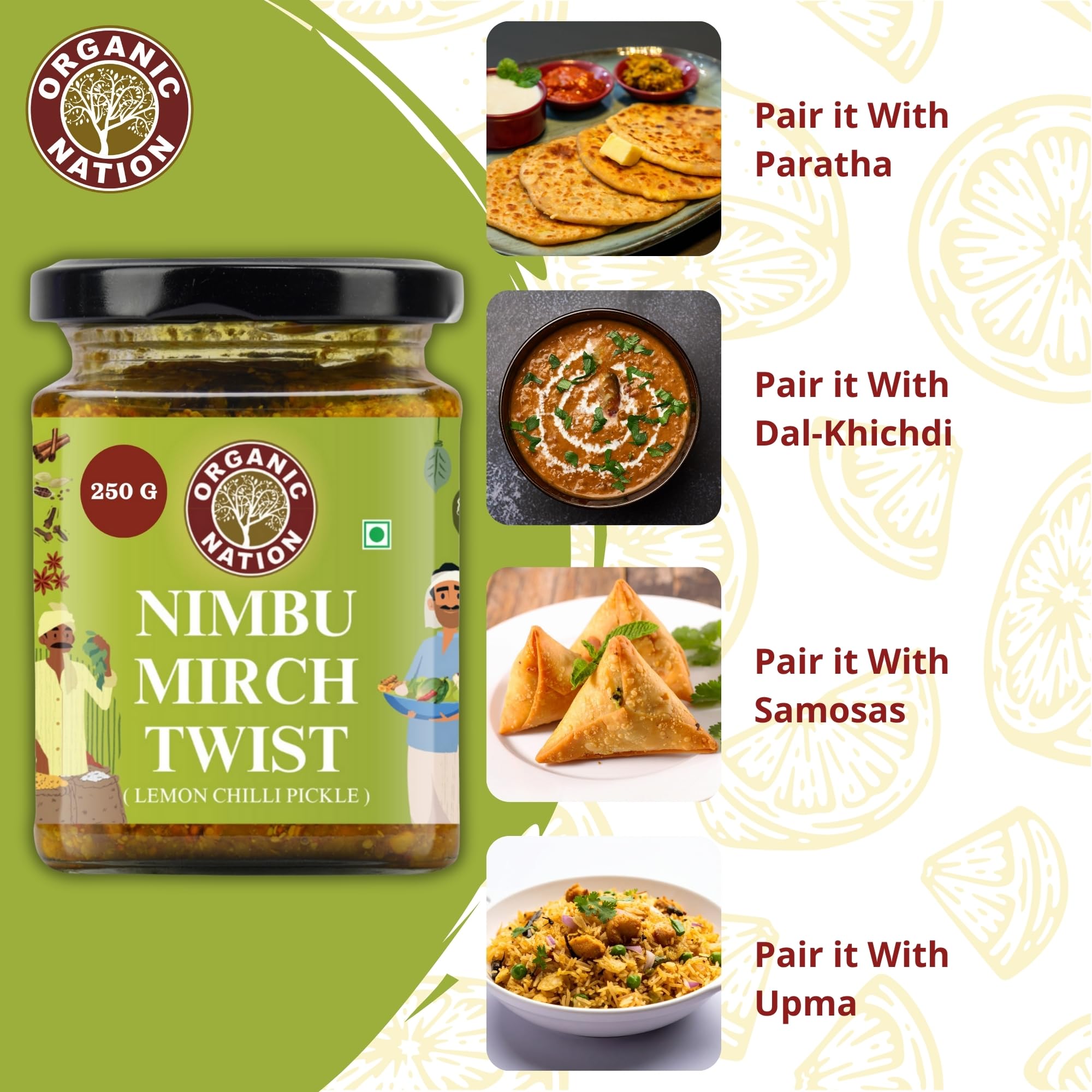 ORGANIC NATION Zesty Nimbu Mirch Twist Lemon Chilli Pickle, Authentic Indian Achaar, Lemon Green Chilli Pickle, Tangy & Spicy Delight, 250g Jar, Perfect for Enhancing Meals, Vibrant Green Color 1