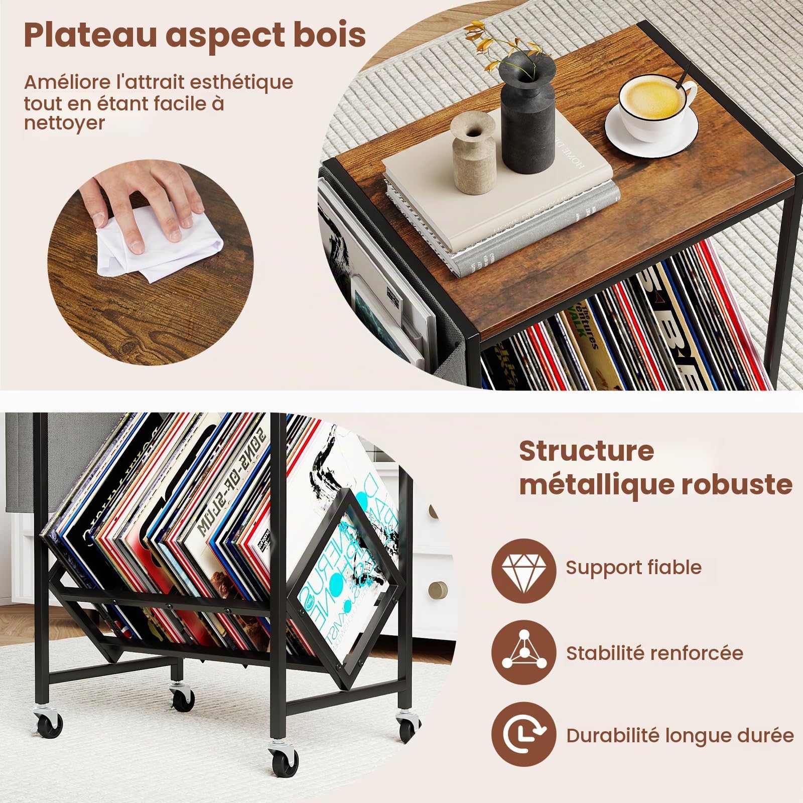 GIANTEX Meuble Vinyle à roulettes avec Poche Latérale, Meuble Vinyle Rangement pour 100 Albums CDs, Cadre en Métal, Support pour Tourne-Disques pour Salon, Salle de Musique (Marron)