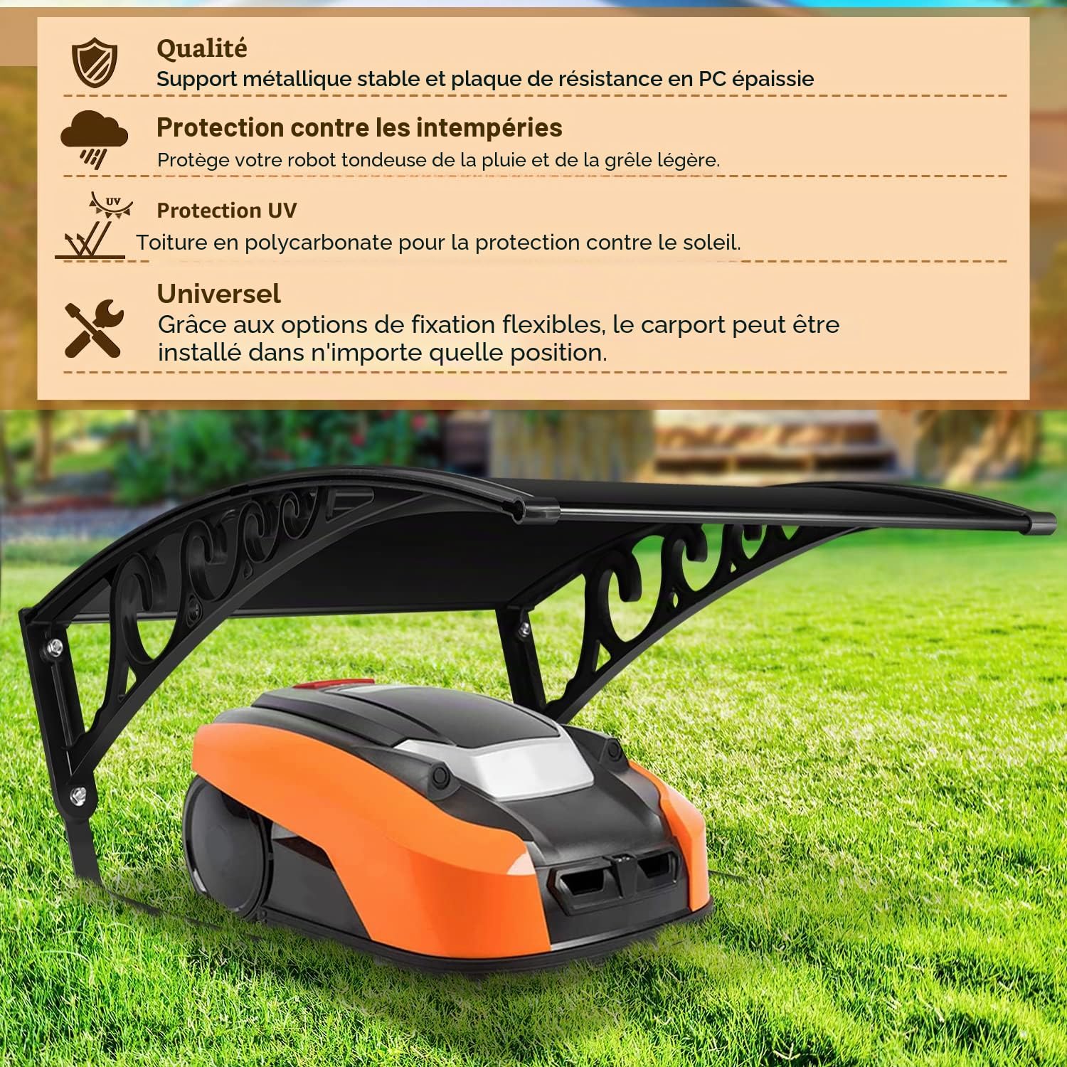 Daromigo Garage pour tondeuse robot Toit Pour tondeuse à gazon Robot 106 x 87 x 50 cm Protection contre la pluie la grêle et les rayons UV Noir
