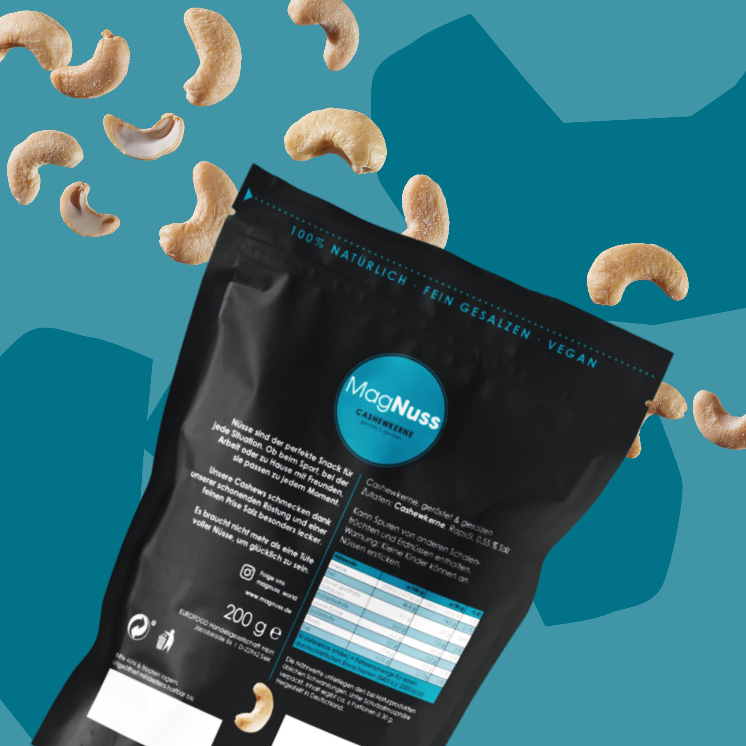 MagNuss Cashewkerne | Geröstet & gesalzen | 12x 200g-Vorratspackung | Knackige Cashews | Hochwertiger veganer Snack reich an Magnesium, Phosphor und Vitamin E