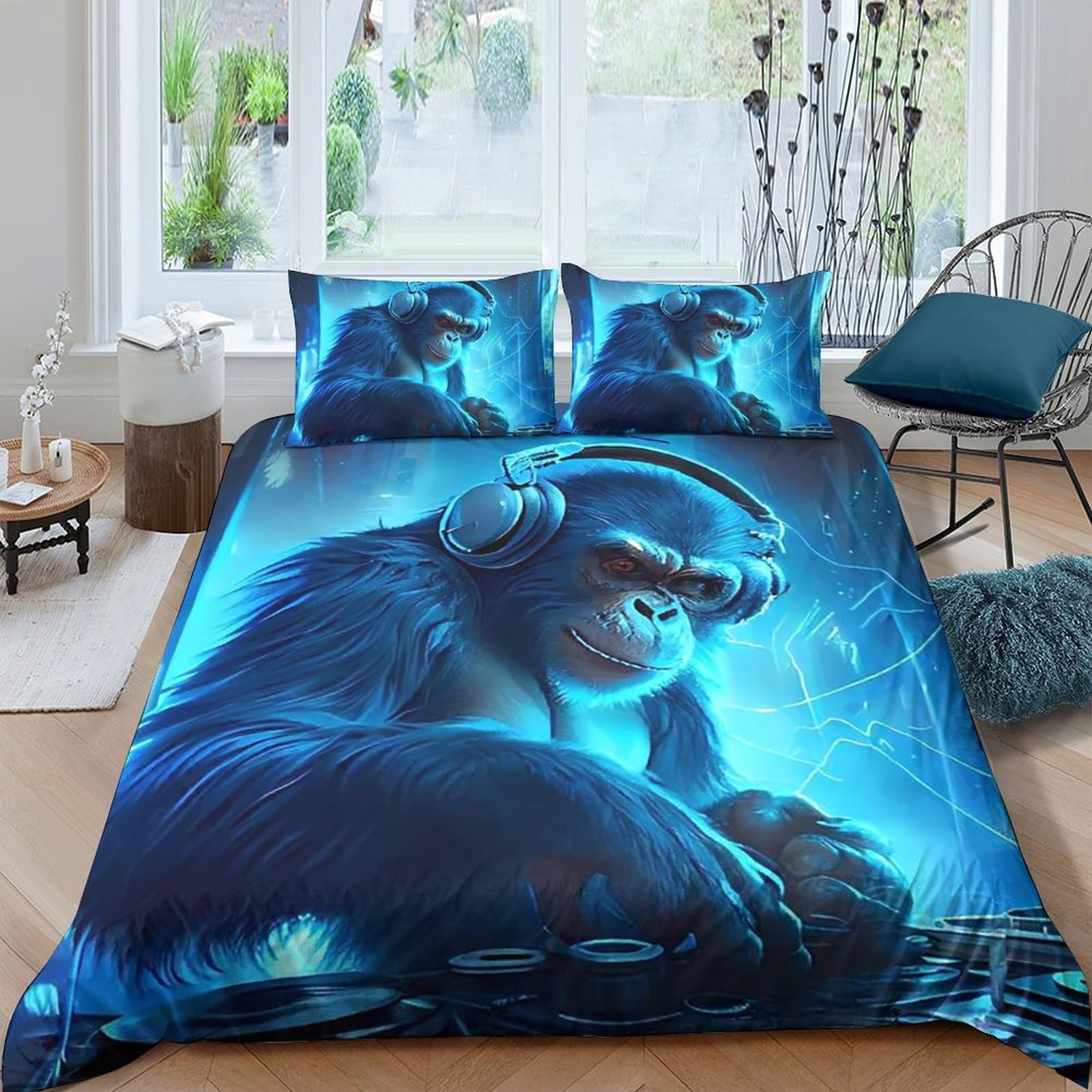 Ctjqhvkz Style-8 3D Printed Blue Headphone Gorilla Fitted Sheet Microfiber Soft Non-Slip Animal Mattress Cover Bedroom Decor Single（135X200cm）