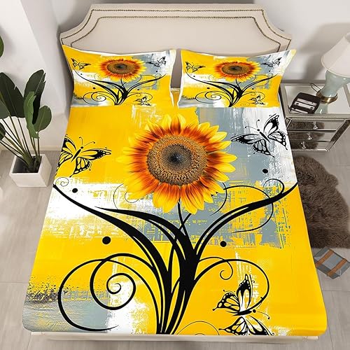 Miniatura 2 de Erosebridal Juego de sábanas bajeras de girasol con diseño de girasol, diseño de mariposas y flores, tamaño King, amarillo, gris, blanco, degradado,