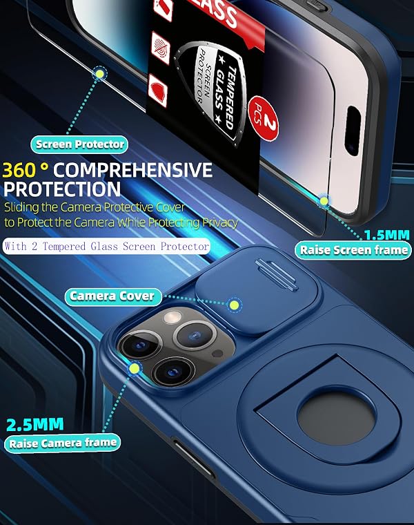 FRLMOOES for iPhone 14 Pro Case Magnetic Compatible with MagSafe Wireless Charging,with 2 Screen Protectors,Built-in 360°Kickstand Ring+Camera Cover Anti-Scratch Shockproof Heavy Duty Protection Blue by FRLMOOES - Used condition - Image 5