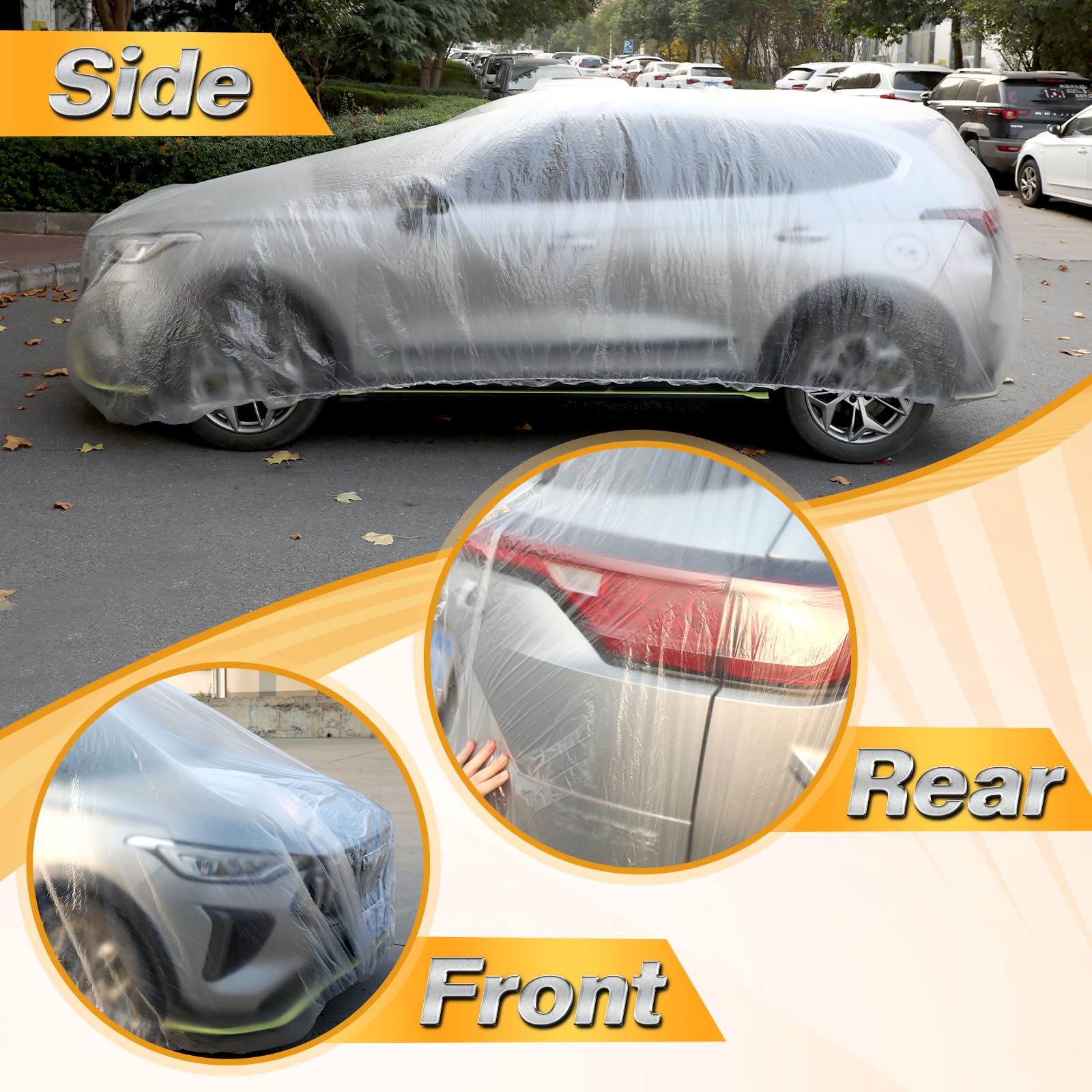 SHENLIU 4 Pack Disposable Car Covers Clear Plastic Car Cover Universal Rain Dust Garage Cover with Elastic Band — view 5