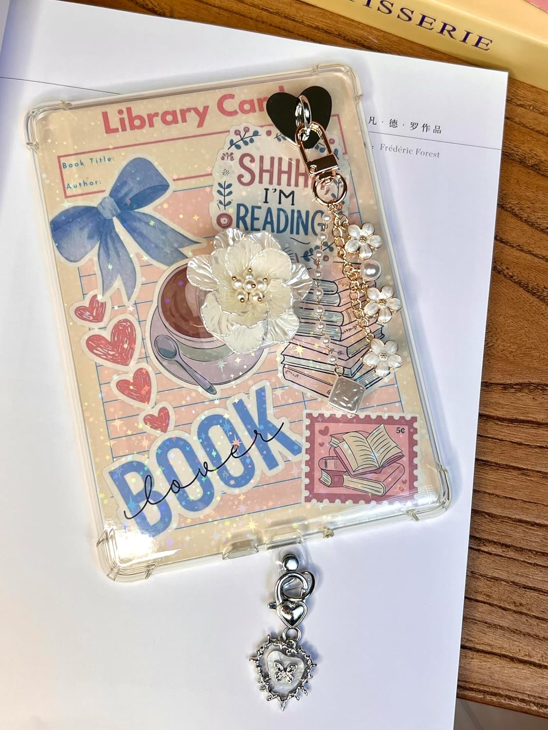 Cute Charms Set for Kindle,Including Y2k Style Heart Grip Holder, Pink Heart Charm, Charm Chain Keychains for E-Reader Phone Accessories image 3