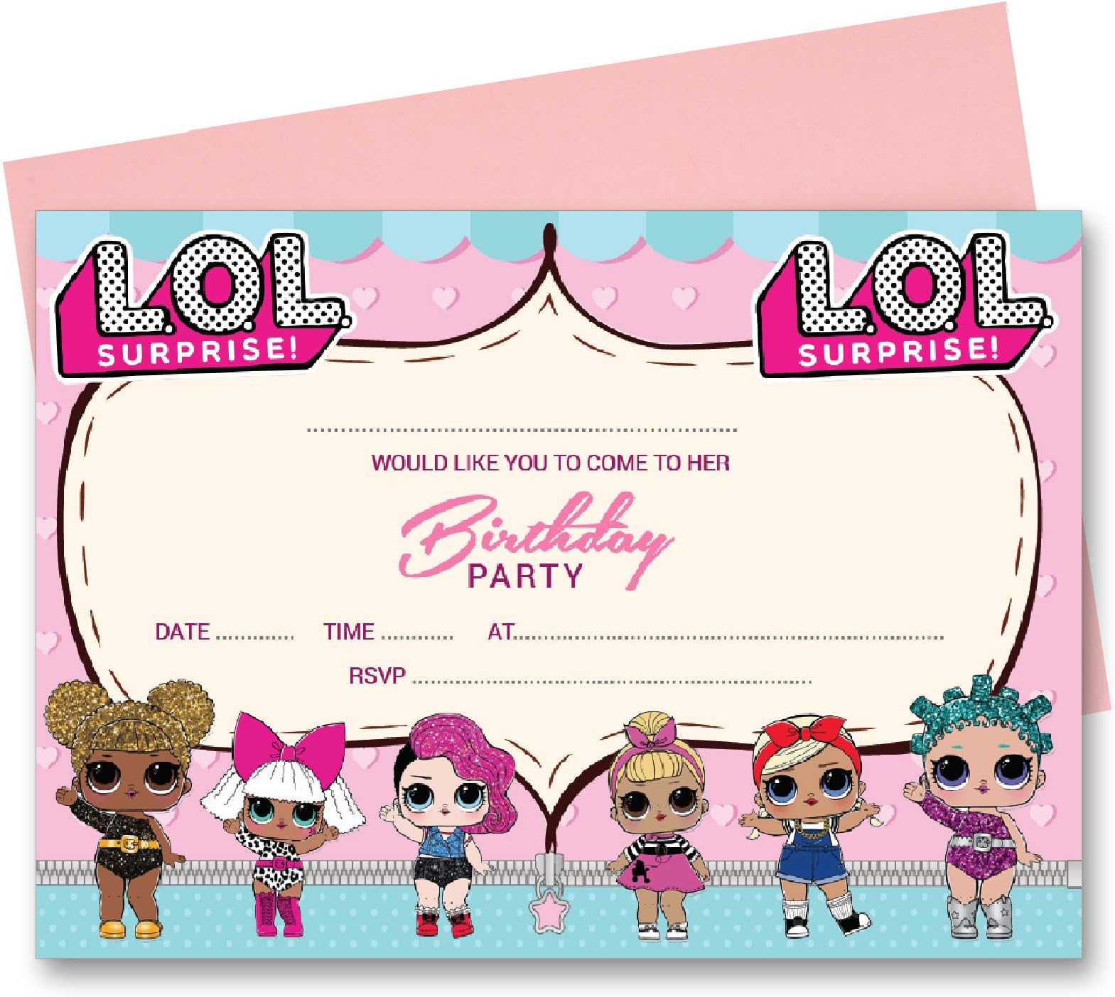 DRAAK 50 x LOL Birthday Party Invitations Invites Girl Children Kids Pack LOL SURPRISE With Envelopes