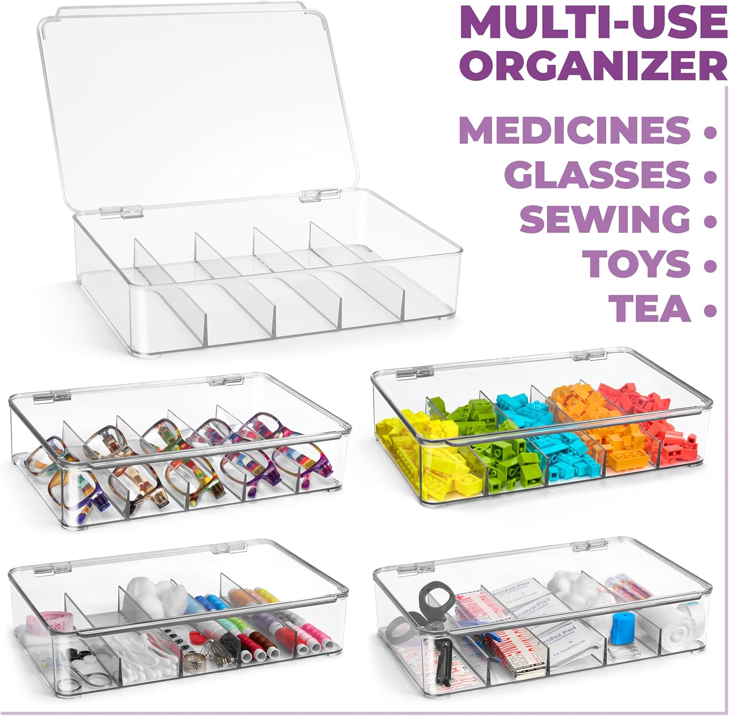 Sorbus Lego Storage Case - Plastic Stackable Organizers for Sorting Jewelry, Small Toys, Building Blocks, Markers, Action Figures - Storage Bins with Hinged Lid Includes 5 Sections (2 Pack)