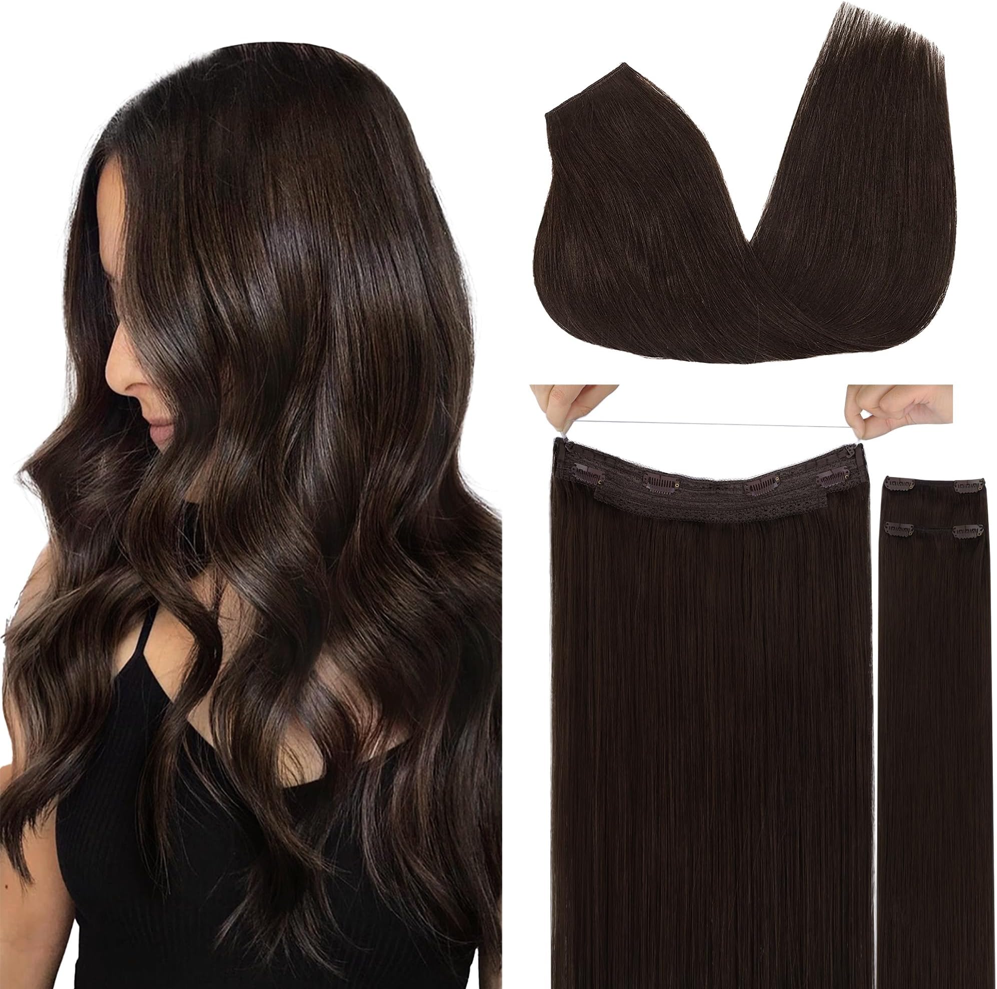 GOO GOO Wire Hair Extensions Human Hair, Adjustable Fish Line Hairpiece