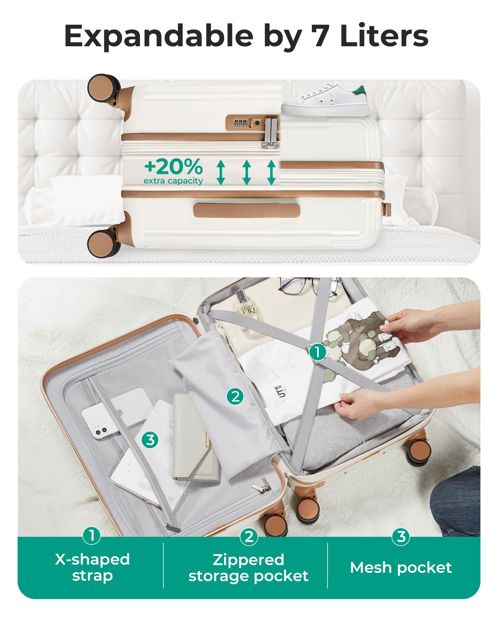 BAGSMART Carry On Luggage 22x14x9 Airline Approved with Spinner Wheels,100% PC Hardside Expandable Luggage with TSA Lock for Trips, 20 Inch Rolling Suitcases for Men Women,Green: Beige