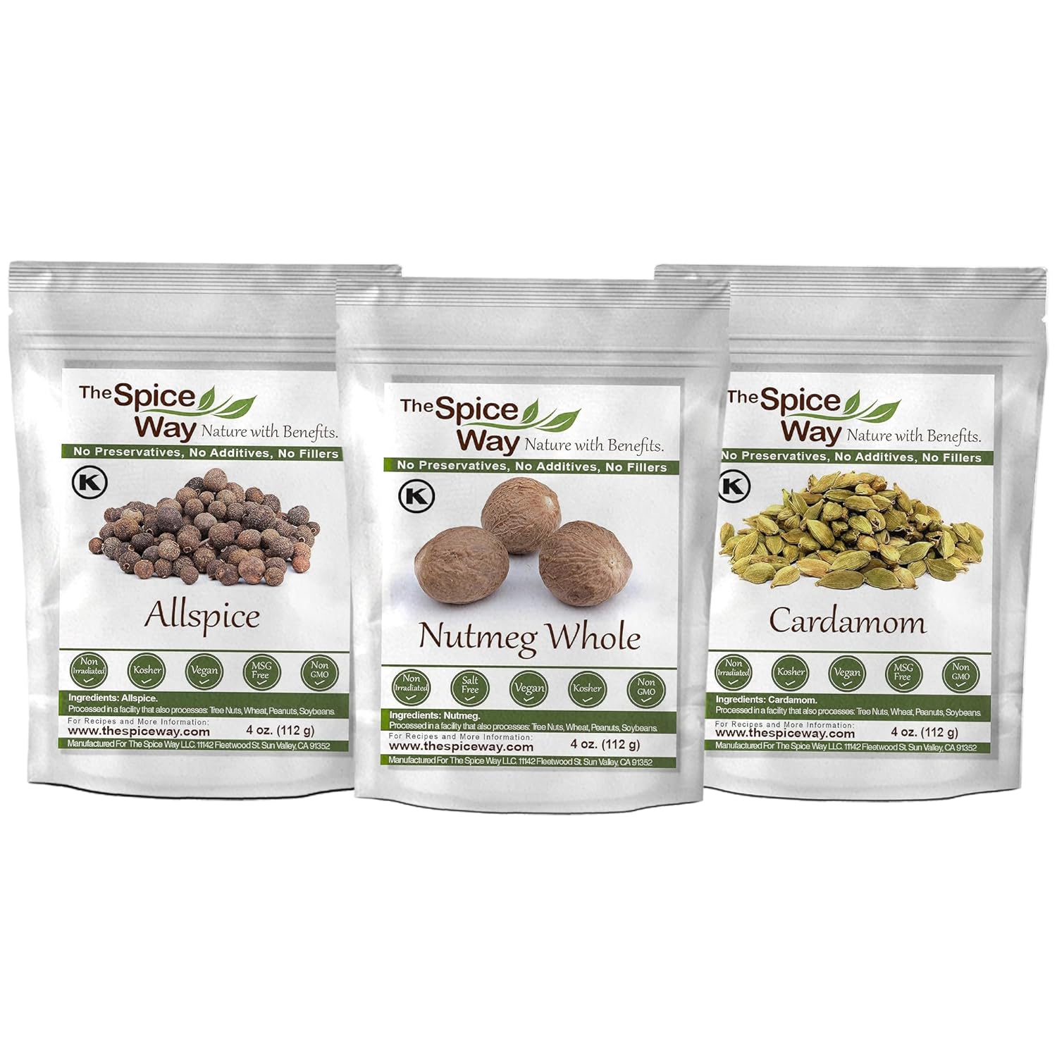 The Spice Way Nutmeg Whole, Allspice Whole and Cardamom Pods 4 oz each