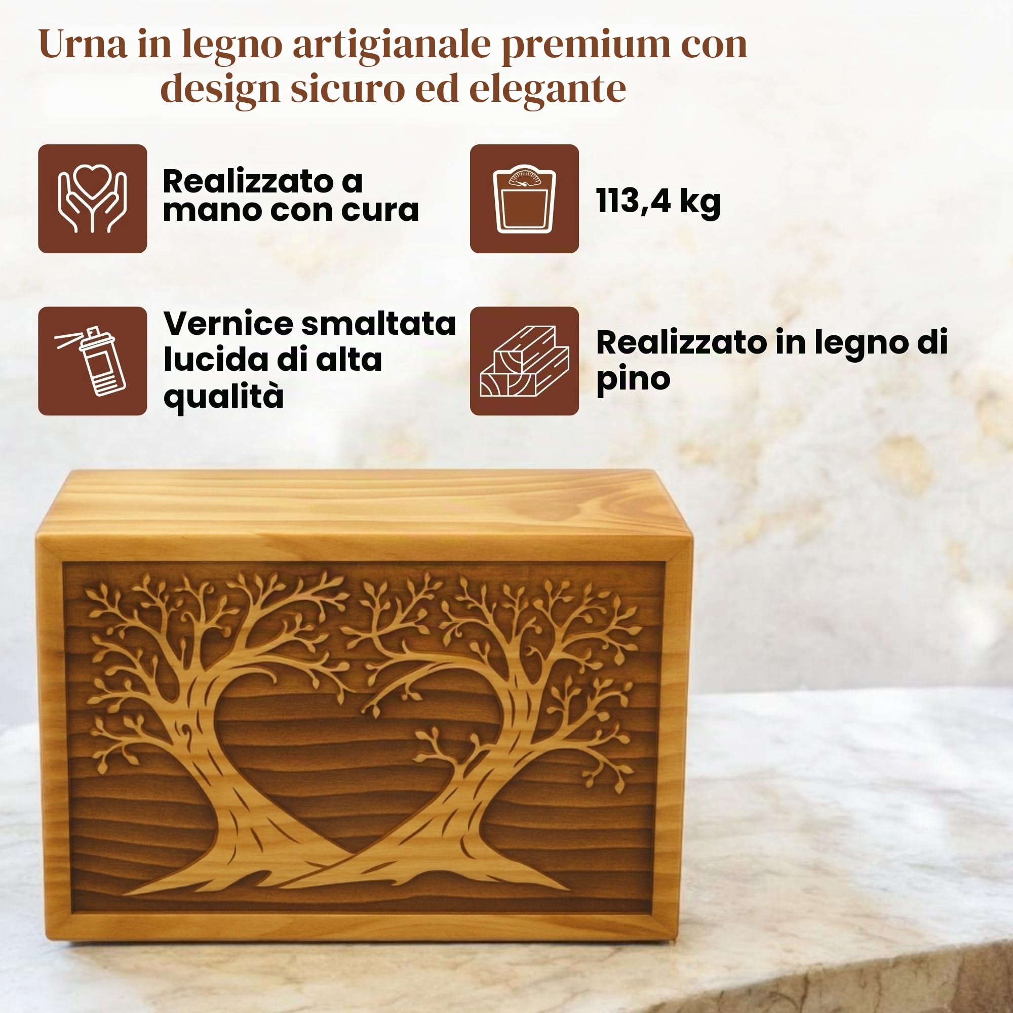 Scatola di legno funeraria per ceneri umane, grande, urna per colombario, albero della vita, uccello volante (630 cm³, albero gemello - cuore)