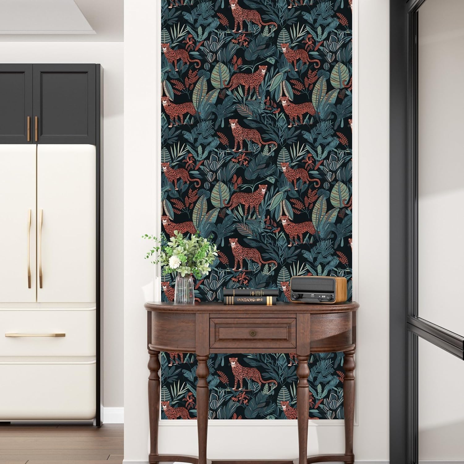 Leopard Wallpaper Peel and Stick Jungle Animal Wallpaper Vinyl Wallpapers Tropical Contact Paper for Cabinet Waterproof Self Adhesive Blue Wall Paper for Kitchen Countertop Wall 17.5" x 393"
