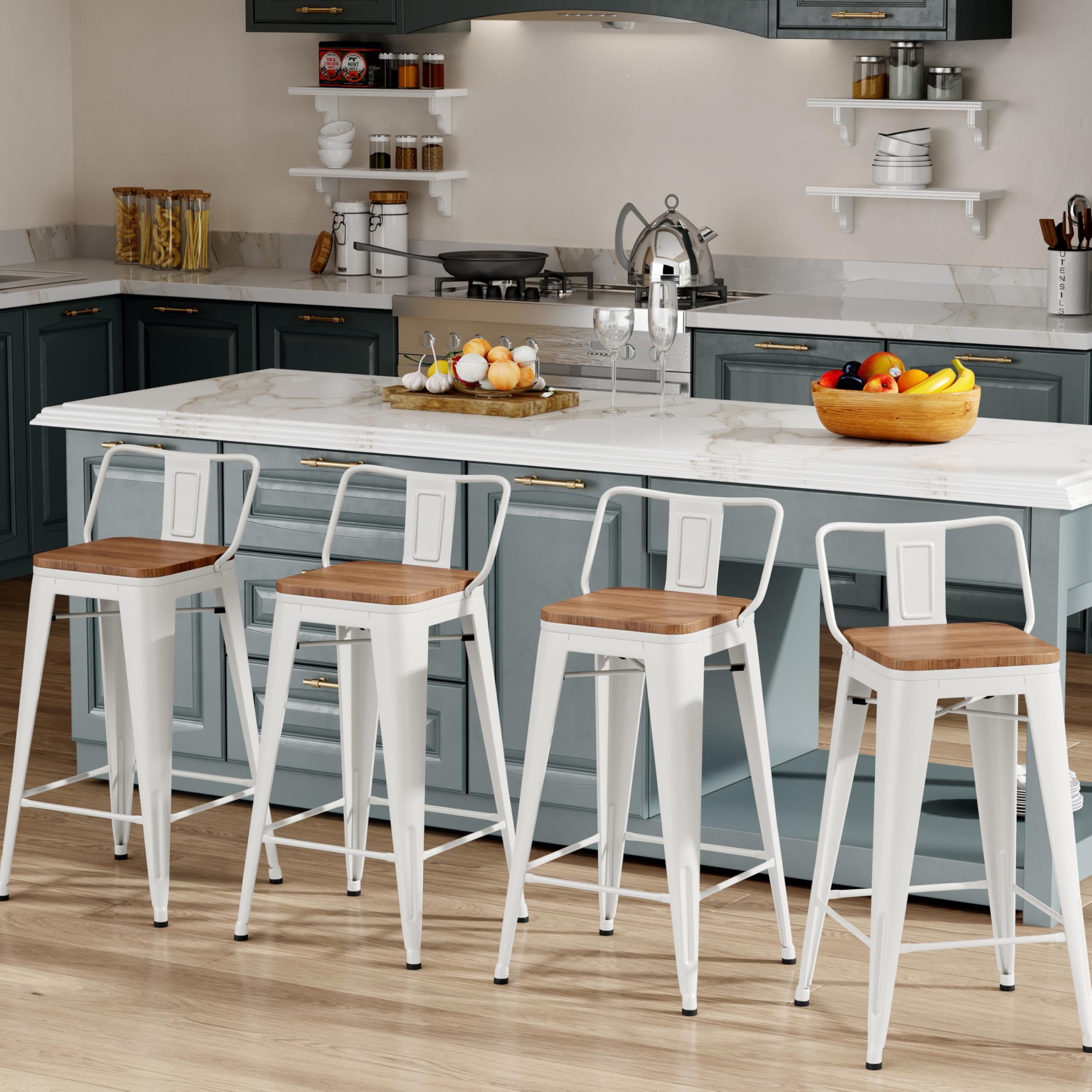 Changjie Furniture 26 Inch Bar Stools Set of 4 Industrial Metal Barstools Counter Height Bar Stool with Backs for Home Kitchen (26 inch, White)