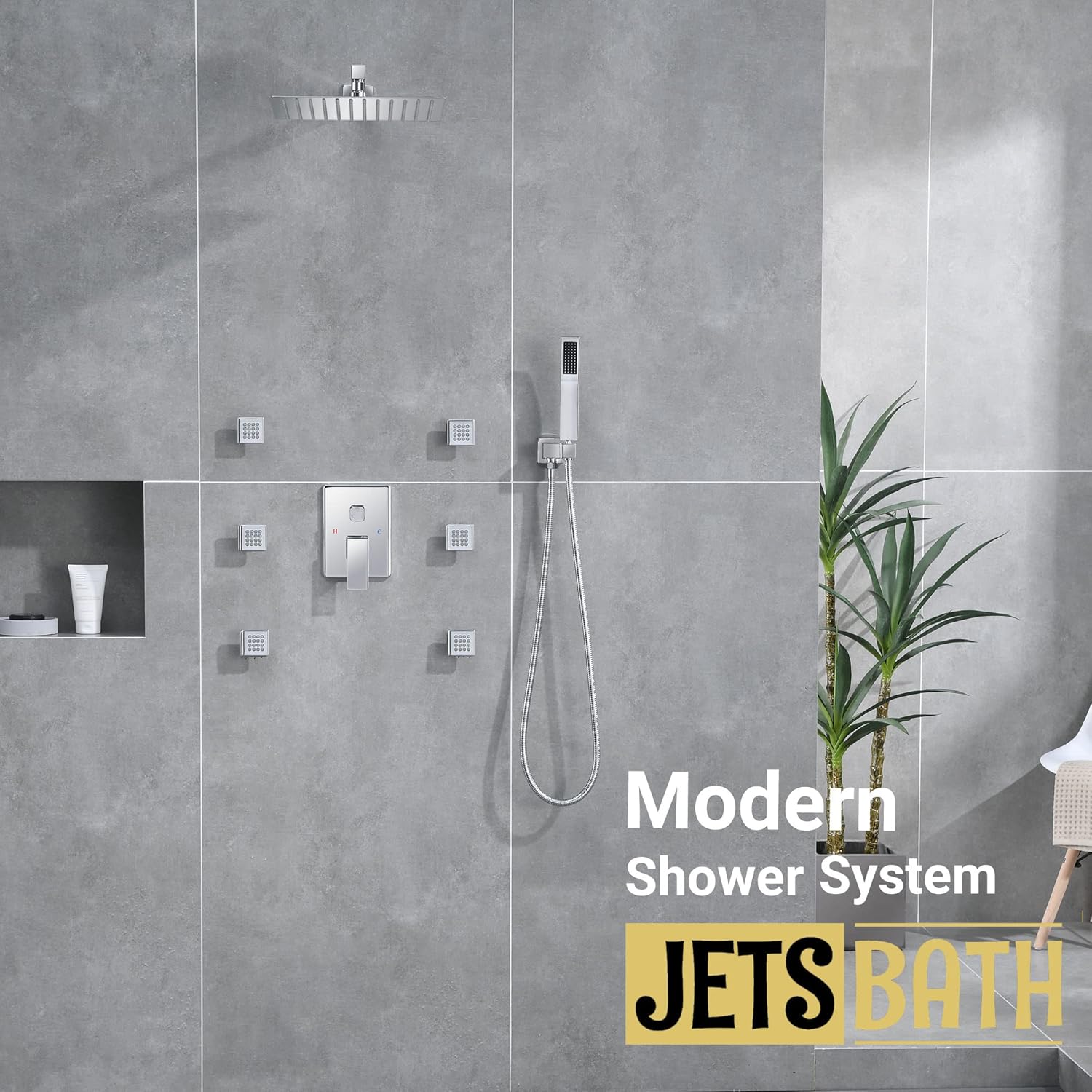Rain Shower System with 12-Inch Wall-Mount Shower Head & 6 Body Jets, Overhead Full Body Shower System with Handheld Sprayer Jets Rain Shower Set (Polished Chrome)