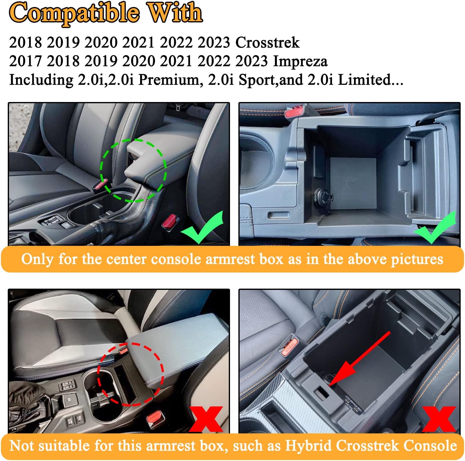 JKCOVER Center Console Organizer Tray Compatible with 2017-2022 2023 Subaru Impreza and 2018-2022 2023 Subaru Crosstrek, ABS Material Insert Armrest Storage Box Accessories, with Black Rubber Trim