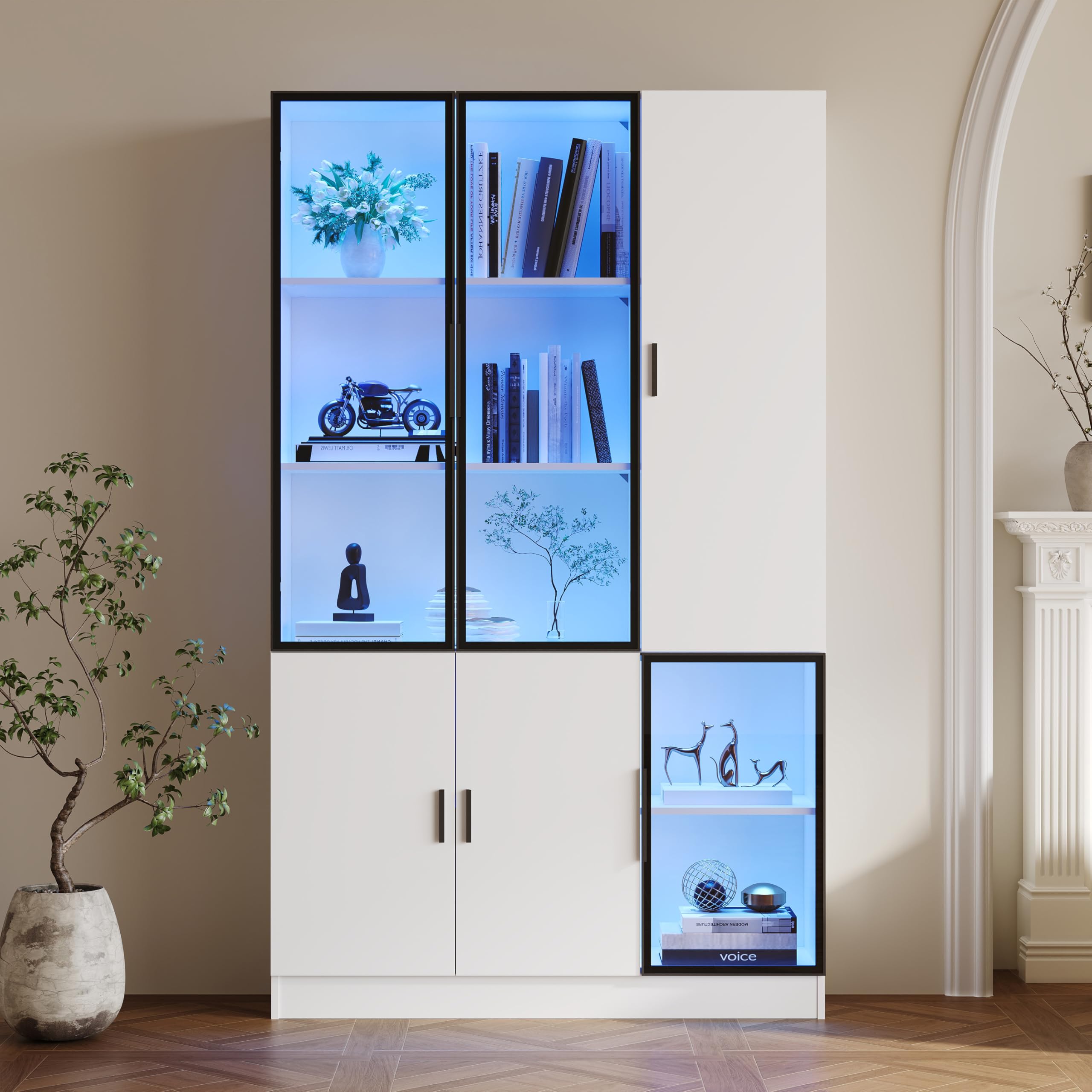 Vitrine mit Glasschrank Tür und LED-Licht, Vitrinenschrank Glasvitrine mit MultiStorage Bücherregal, Highboard Sammlervitrine mit Griff, Wohnzimmerschrank, Weiß+Schwarz, 120x35x200 cm
