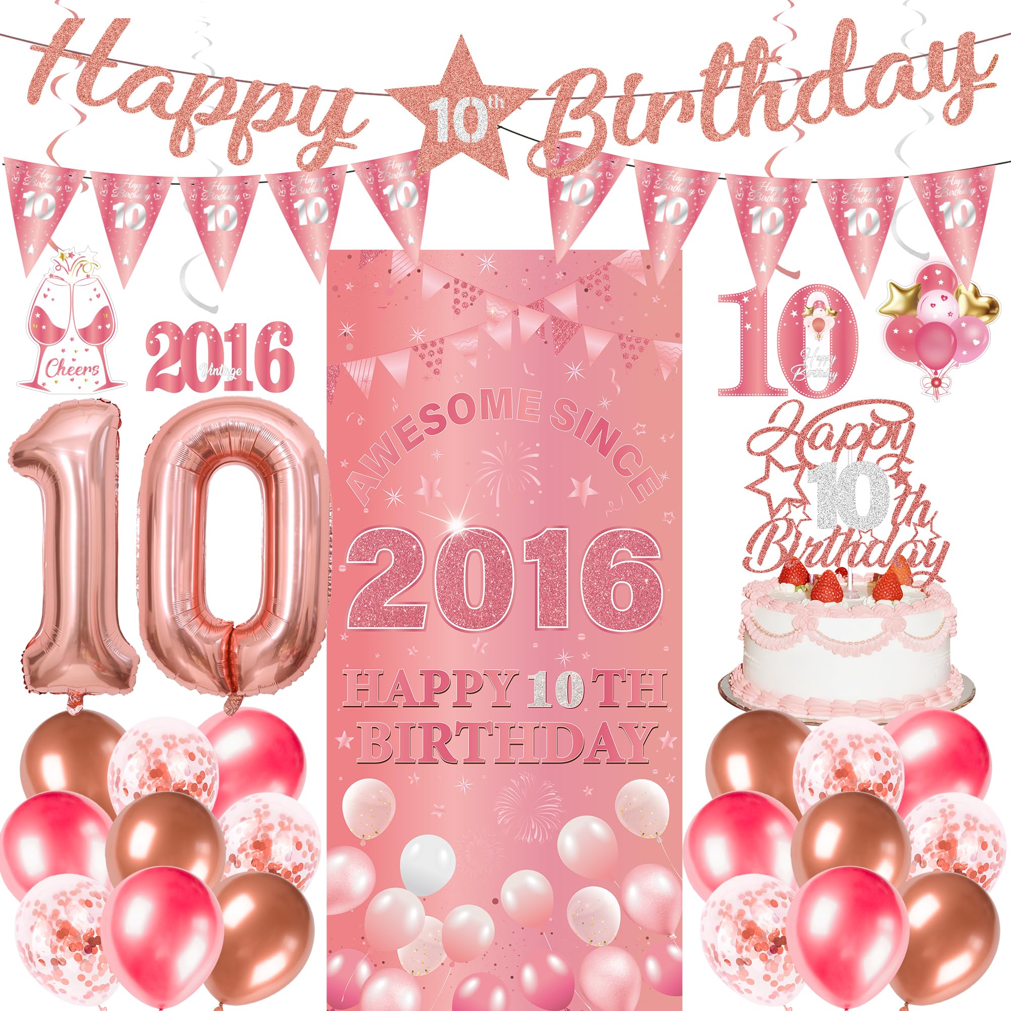 10th Birthday Decorations Girls Kit - 27 Pcs Rose Gold Happy 10th Birthday Banner Triangular Flag Hanging Swirls Backdrop Cake Topper 10 Balloon Set for 10 Years Old Party Decoration Supplies