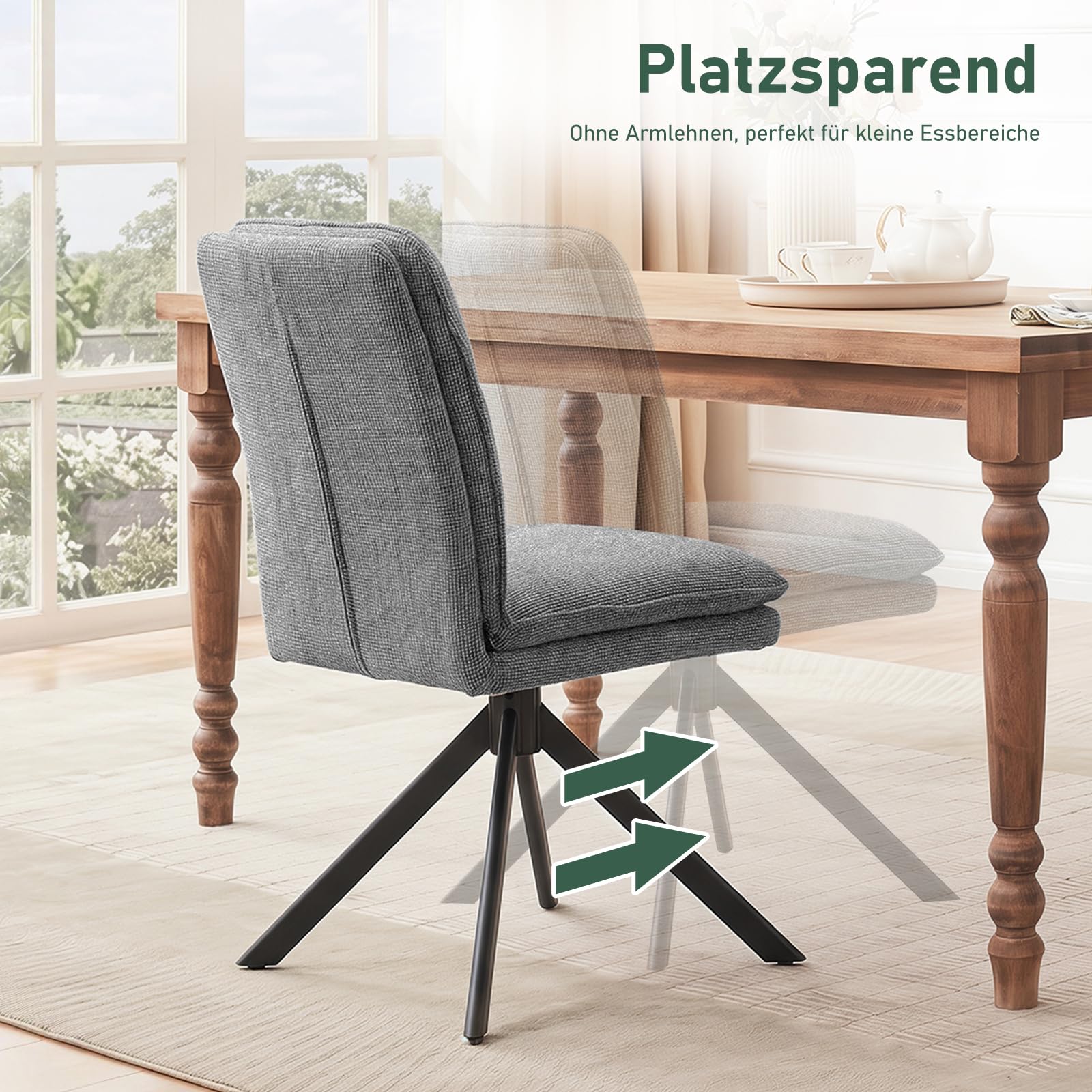 2er Set 360° Drehbar Esszimmerstühle Grau, Ohne Armlehnen, Doppelte Polsterung & Bogen-Rückenlehne, Chenille mit Drehfunktion & justierbaren Bodenschonern, Moderne Esszimmerstühle