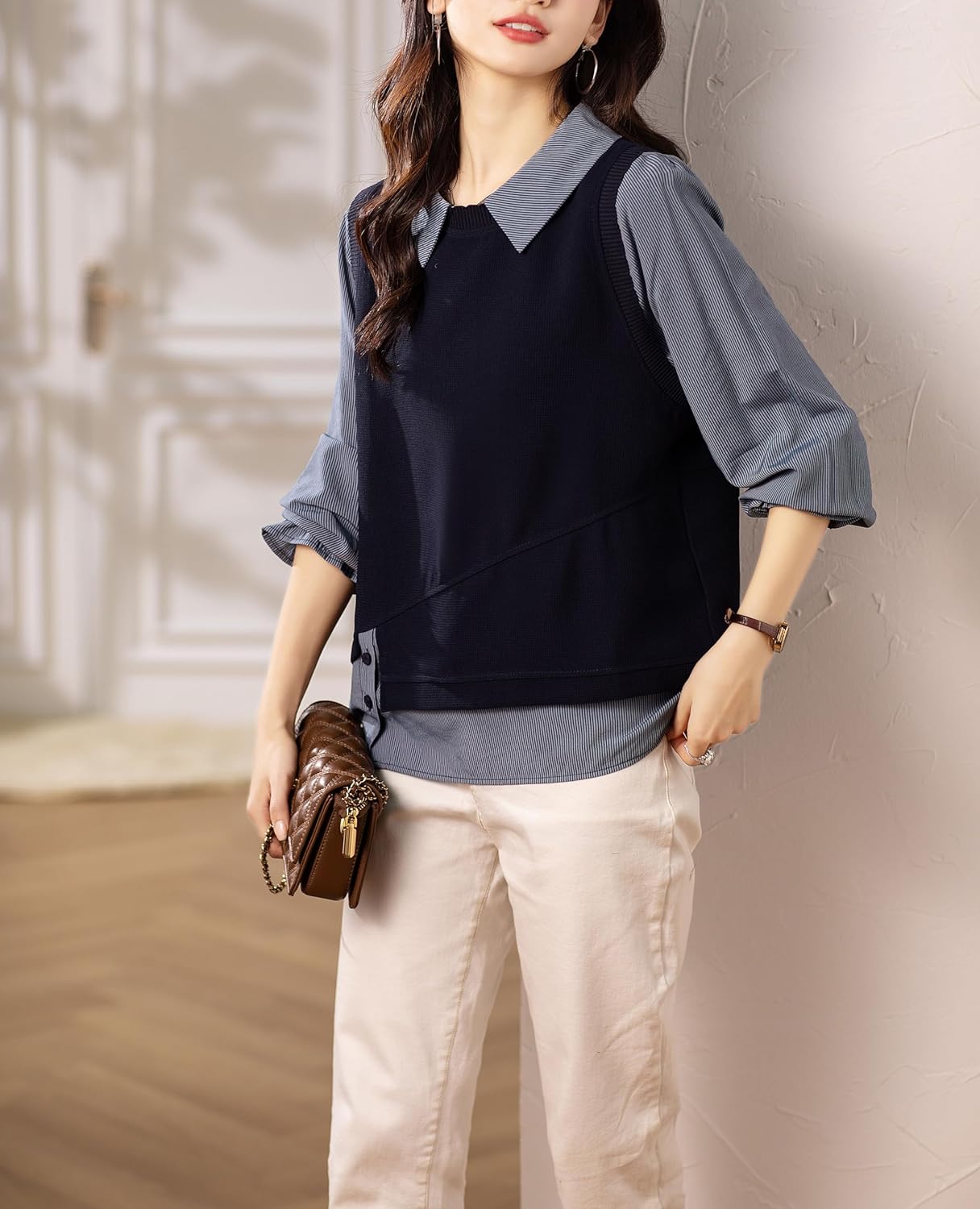 LAI MENG FIVE CATS Women's Collared Patchwork Stirpe Tops Casual Long Sleeve Pullover Blouse - Image 2