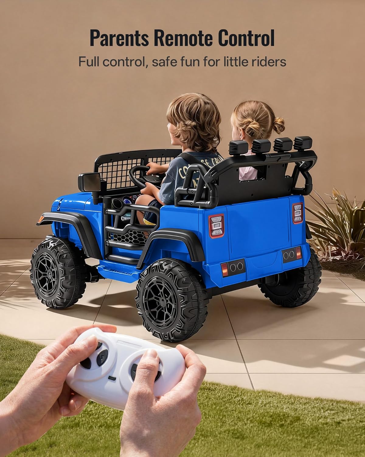 2 Seater Ride on Car Toy, 12V Electric Car for Kids 4-8 with Remote Control, Capacity 110 lb, LED Light - Blue