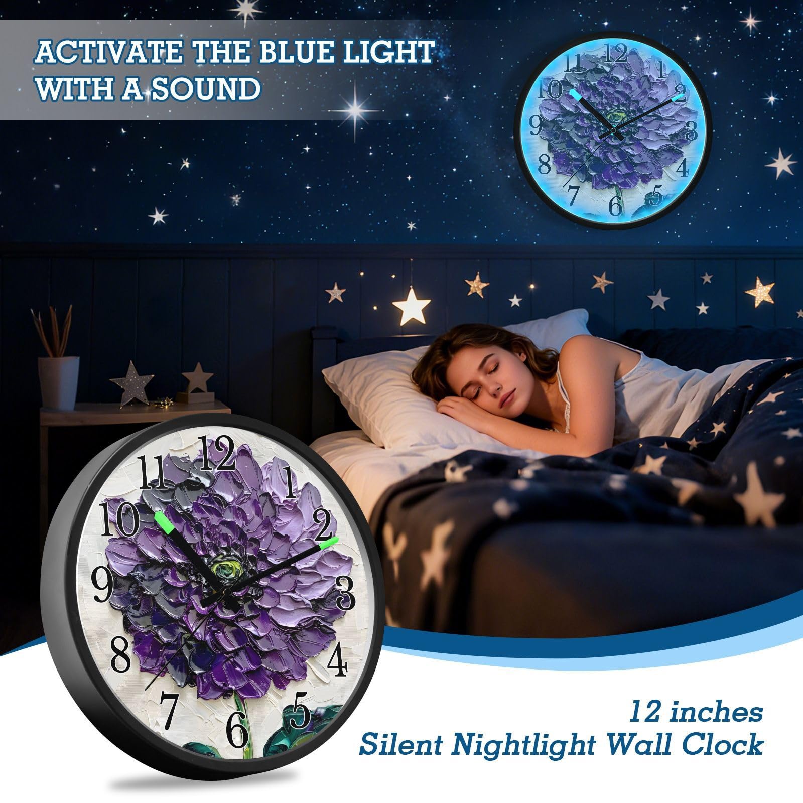 Mnsruu Dhalia - Reloj de pared luminoso con diseño de flores y hojas verdes, funciona con pilas, silencioso, brilla en la oscuridad, para sala de estar, cocina, 30,5 cm