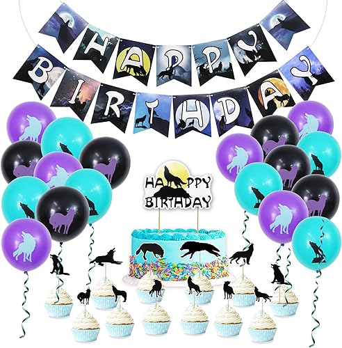 Decoraciones de fiesta de lobo, suministros de fiesta de cumpleaños de lobo que incluyen pancarta de cumpleaños de lobo, globos de látex, adornos