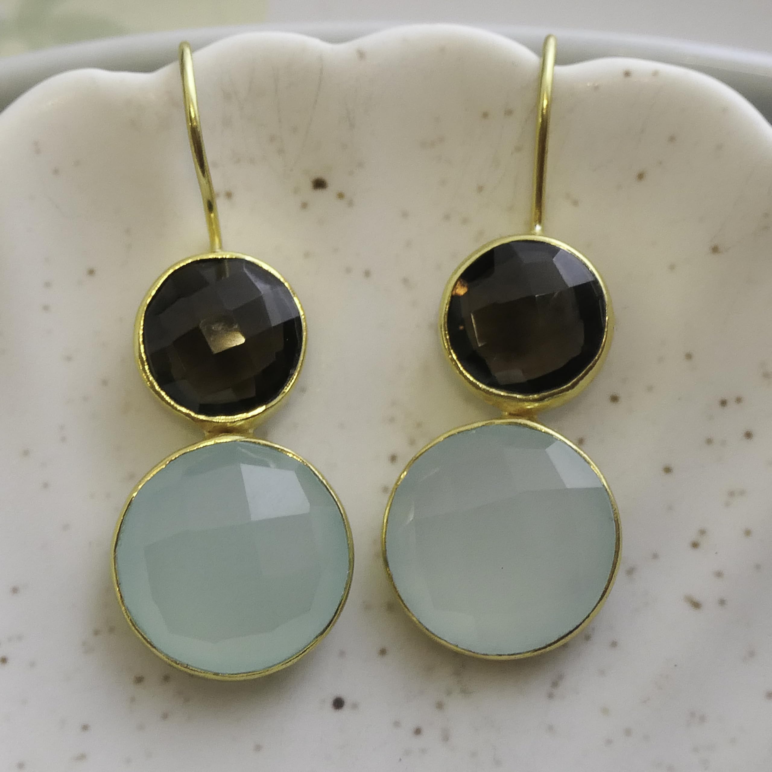 Rauchquarz & Aqua Chalcedon Edelstein Ohrringe | Hängende Ohrringe Damen Gold Silber 925 Vergoldet 4cm, Handgefertigt von GIA-Gemmologin Geschenk zum Geburtstag