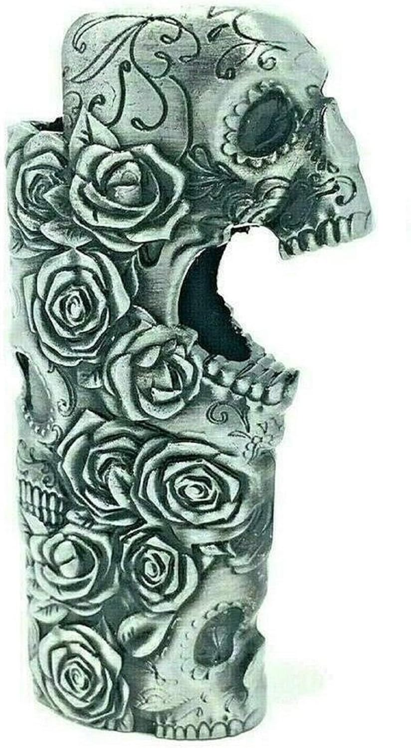 Rose Skull Skeleton Metal Lighter Case Cover Holder fits BIC Full Standard Size Lighter J6