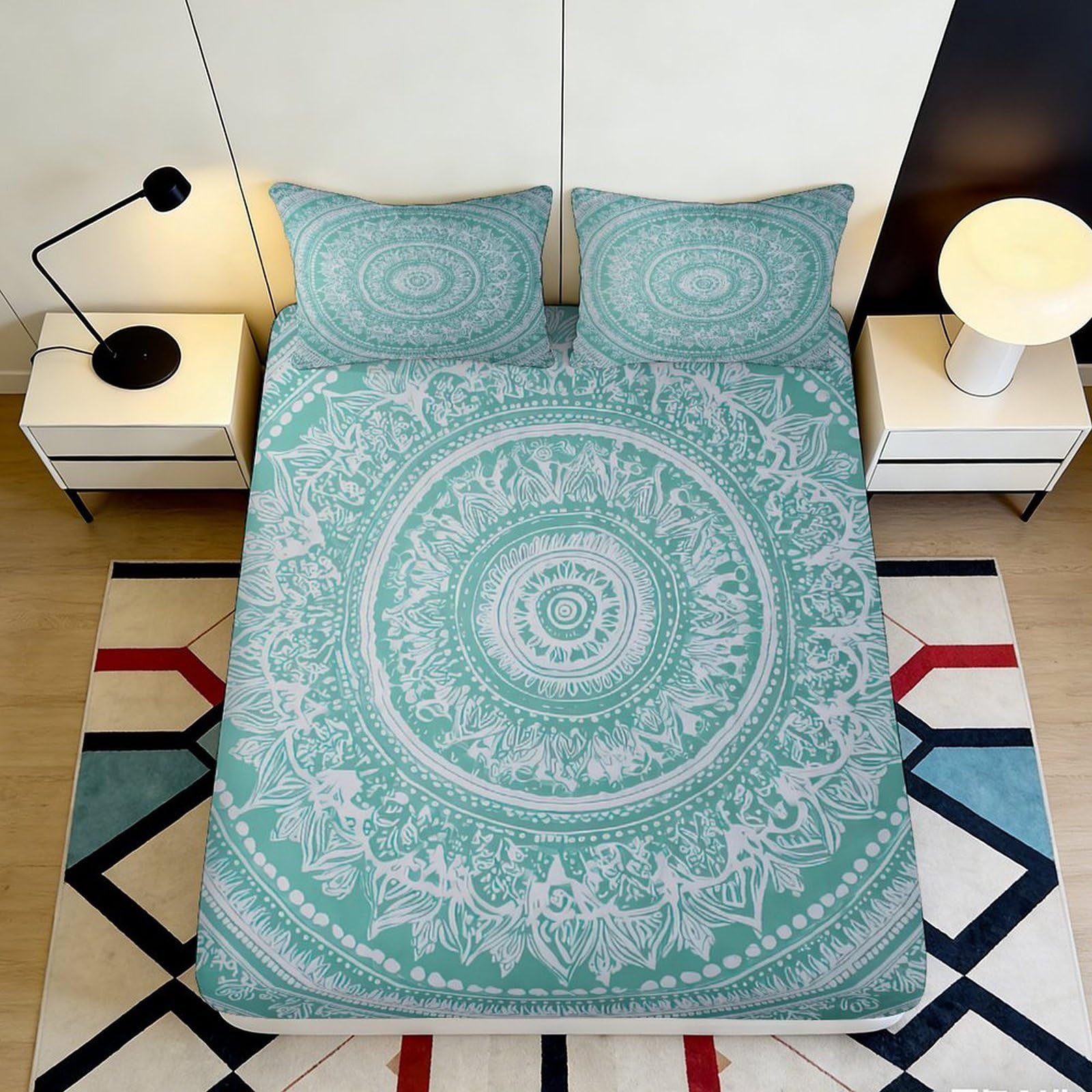 3D Printed Mandala Turquoise Fitted Sheet Microfiber Soft Breathable Boho Ethnic Pattern Mattress Cover for Bedroom Guest Room 90x200x25cm