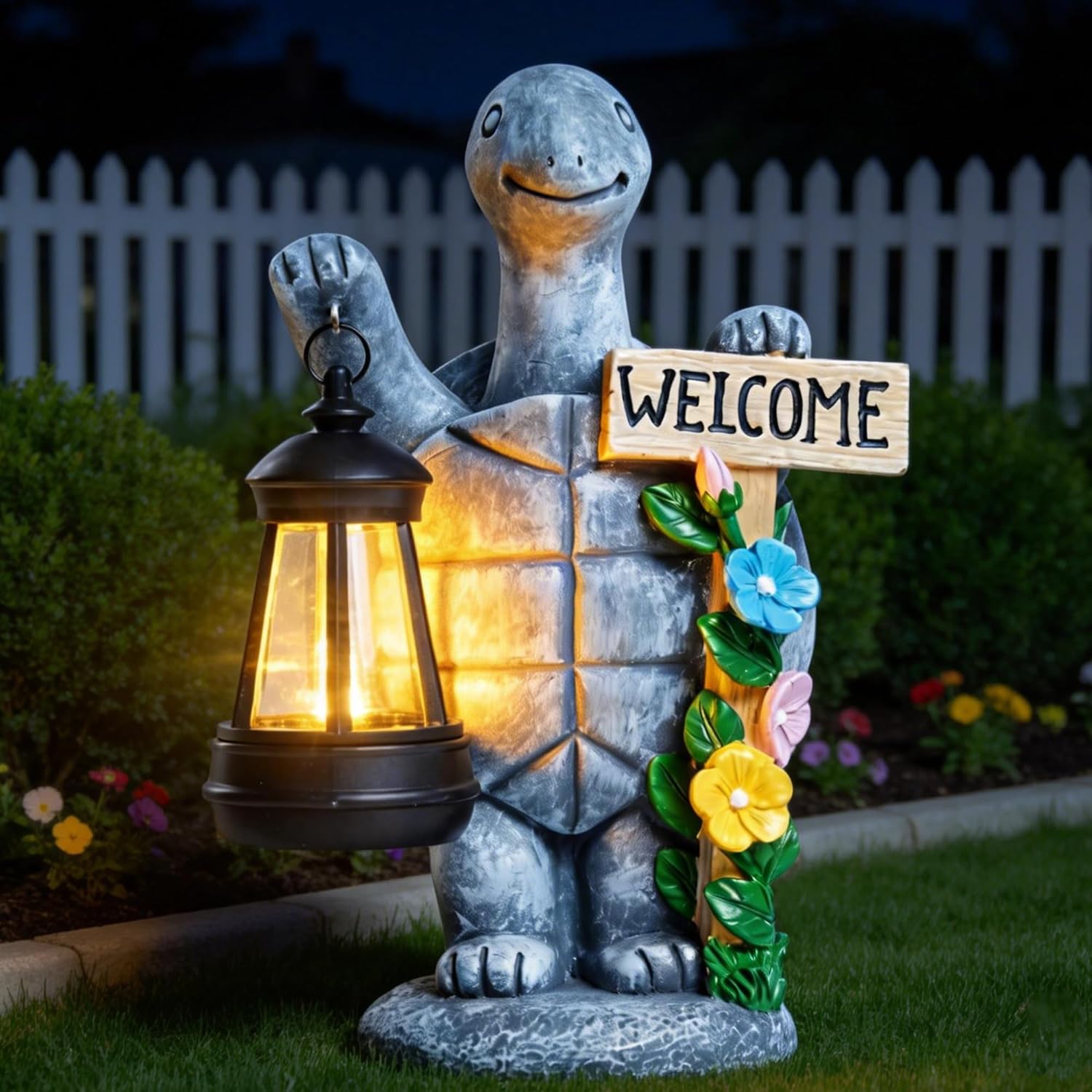 Solar Garden Statues, Resin Turtle Flower Statue w/ Welcome Sign, Waterproof Garden Figurine for Outside Yard Outdoor Home Patio Lawn Decor, Solar Animal Light for Adults Women Birthday Easter Gifts