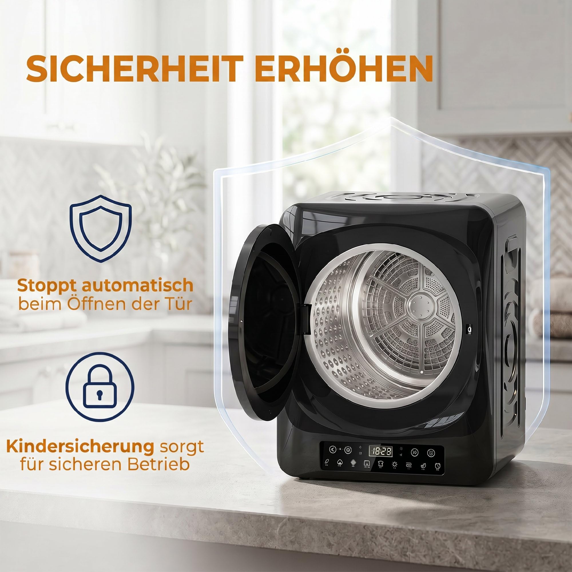 HOMCOM Wäschetrockner 5 kg Mini Ablufttrockner mit 9 Programmen bis zu 60℃, 1000W Trockner mit Knitterschutz, Doppelfilter, LED-Touchscreen, Timer, Kindersicherung für Wohnmobile, Haus, Schwarz