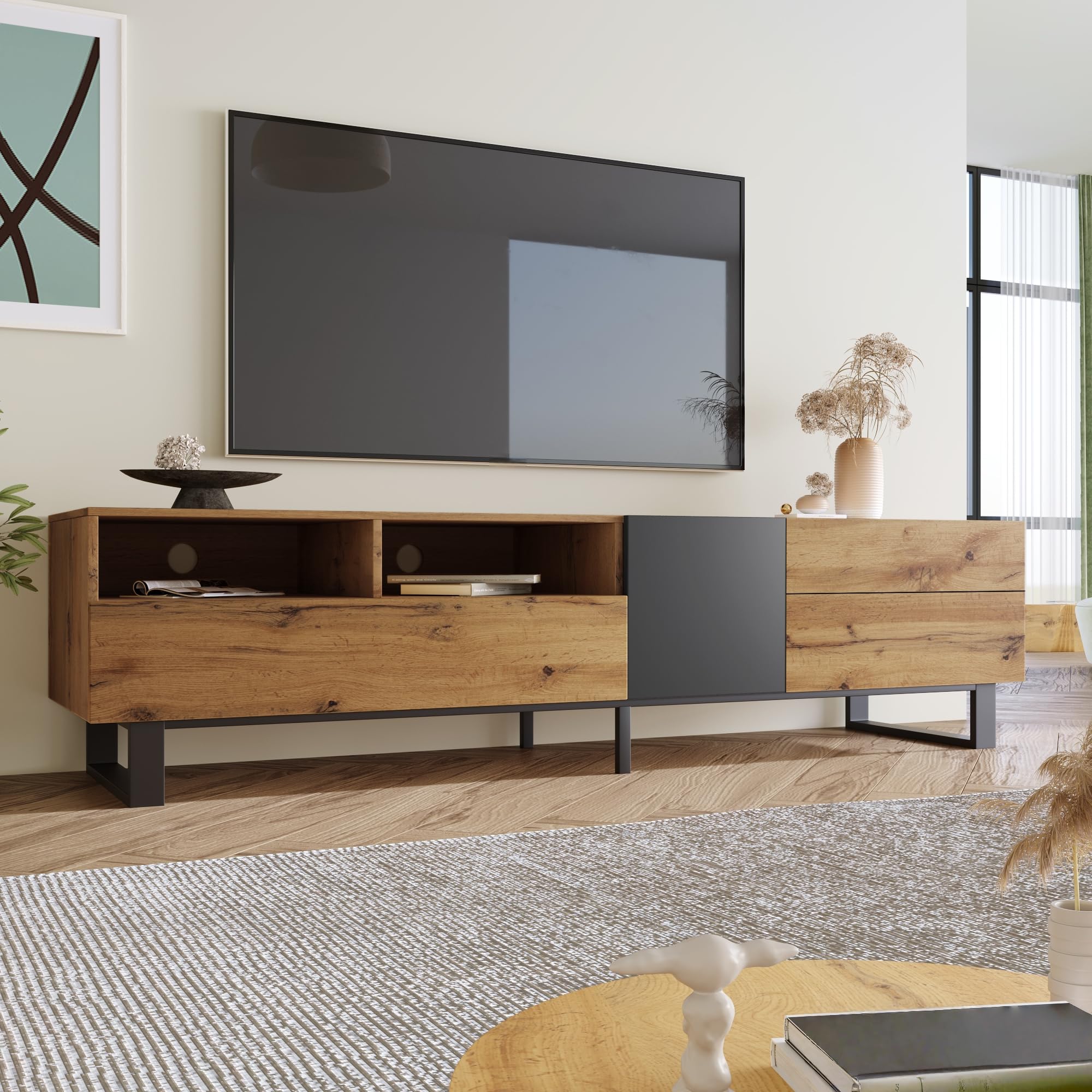 LAKFEW Mueble TV 180 cm de hasta 75 Pulgadas, Mueble para TV Muebles de Salon con 2 Puertas y 2 Cajones, Mueble Television Bajo Salon con 2 Compartimentos de Almacenaje, 180x38x50 cm, Roble+Antracita