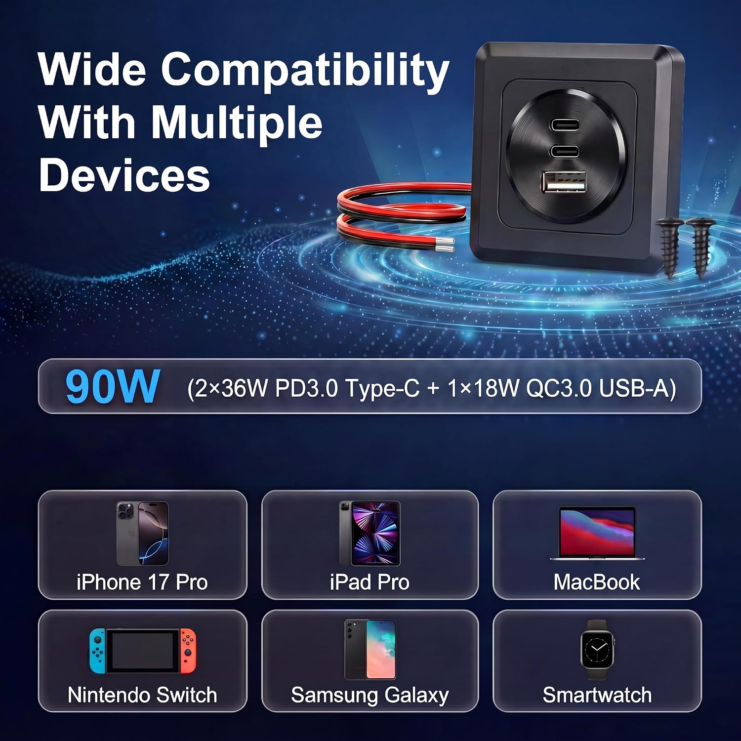 90W Aluminum Recessed Mount Panel RV USB Outlet, 12V Car Charger | 3 Ports Fast Charging Socket with Dual 36W PD3.0 Type-C & 18W QC3.0, Cigarette Lighter Replacement for Camper Trailer Boat