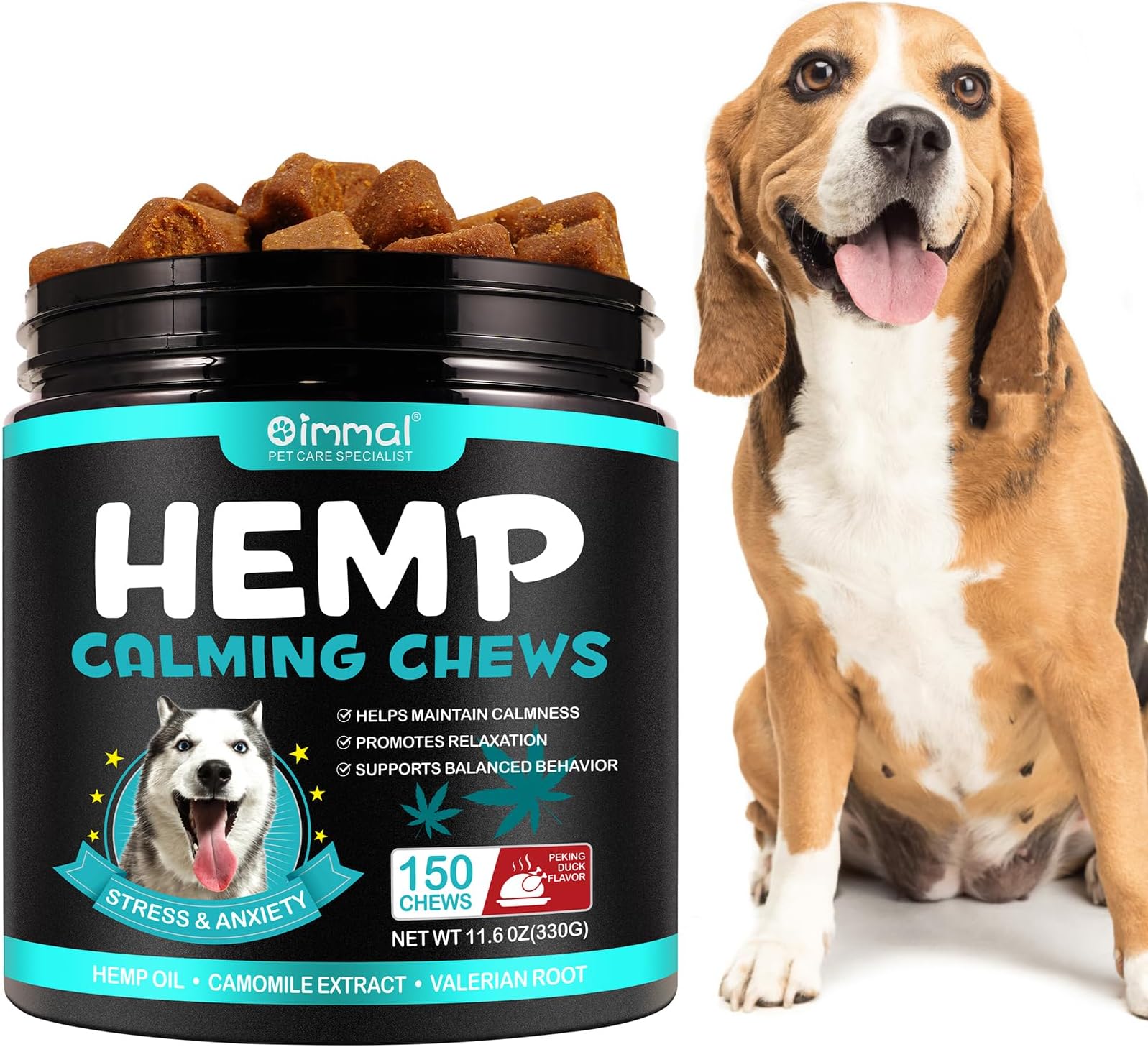 Calming Chews For Dogs - 150 Chews Hemp Dog Treats For Calming with Anxiety and Stress, Helps Dog Anxiety, Separation, Barking, Stress Relief, Sleep Calming Aid All Ages,Breeds&Size (DUCK Flavor)