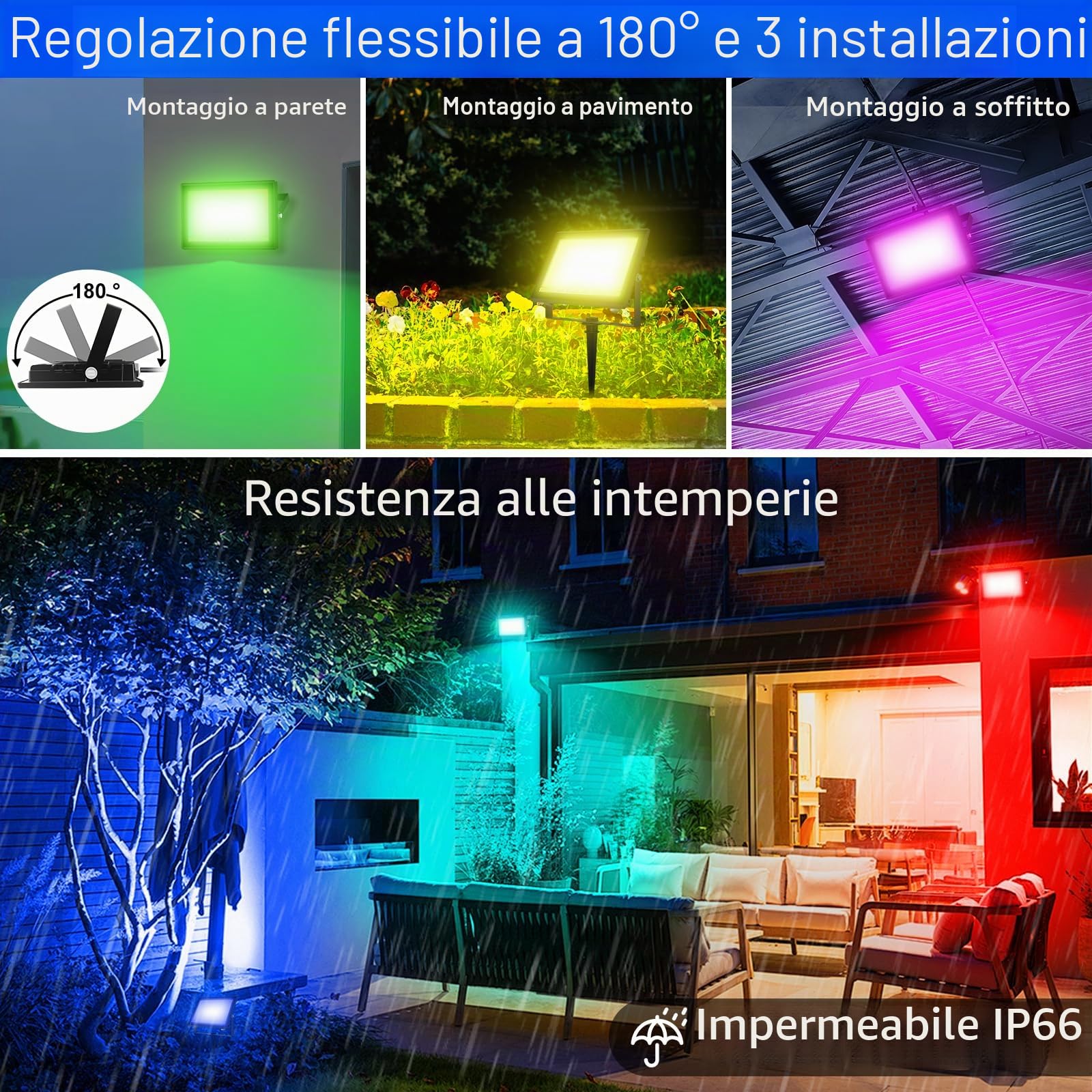 Faro LED Esterno RGB, T-SUNUS 30W Proiettore LED RGB WIFI IP66 Impermeabile Faretto LED RGB Esterno Controllo APP Bluetooth per Giardino Cortile Halloween Party 2 Pezzi