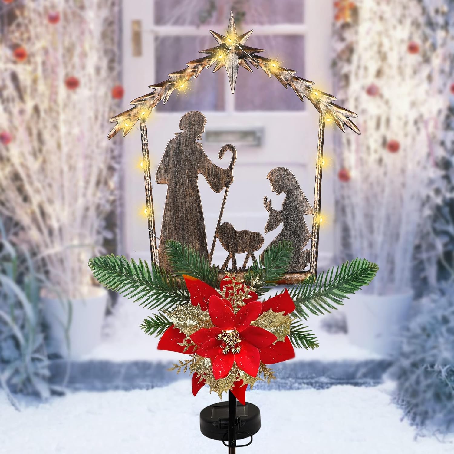 Hausse Christmas Outdoor Decorations, Solar Nativity Scene Decorative Garden Stake Lights, Holy Family with Artificial Poinsettia Yard Signs for Holiday New Year Winter Home Lawn Pathway Patio Decor : Patio, Lawn & Garden