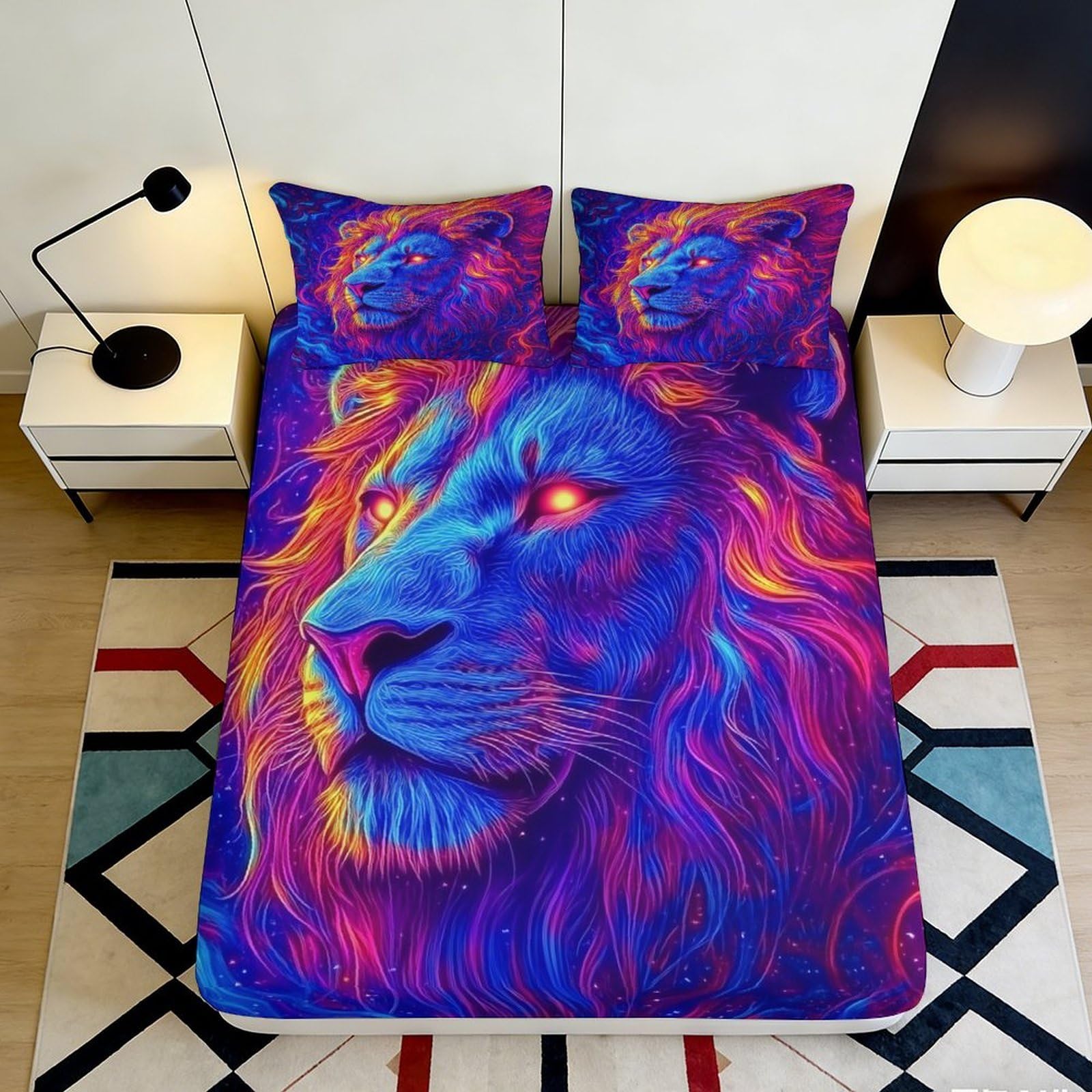 3D Printed Neon Lion Fitted Sheet Microfiber Bold Animal Bed Cover for Bedroom Decor Dorm Mattress Protection 90x200x25cm
