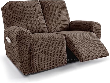 MAXIJIN Loveseat Recliner Cover, 4-Pieces Stretch Reclining Loveseat Covers 2 Seater Recliner Sofa Slipcovers Washable Furniture Protector with Pocket & Elastic Band Brown