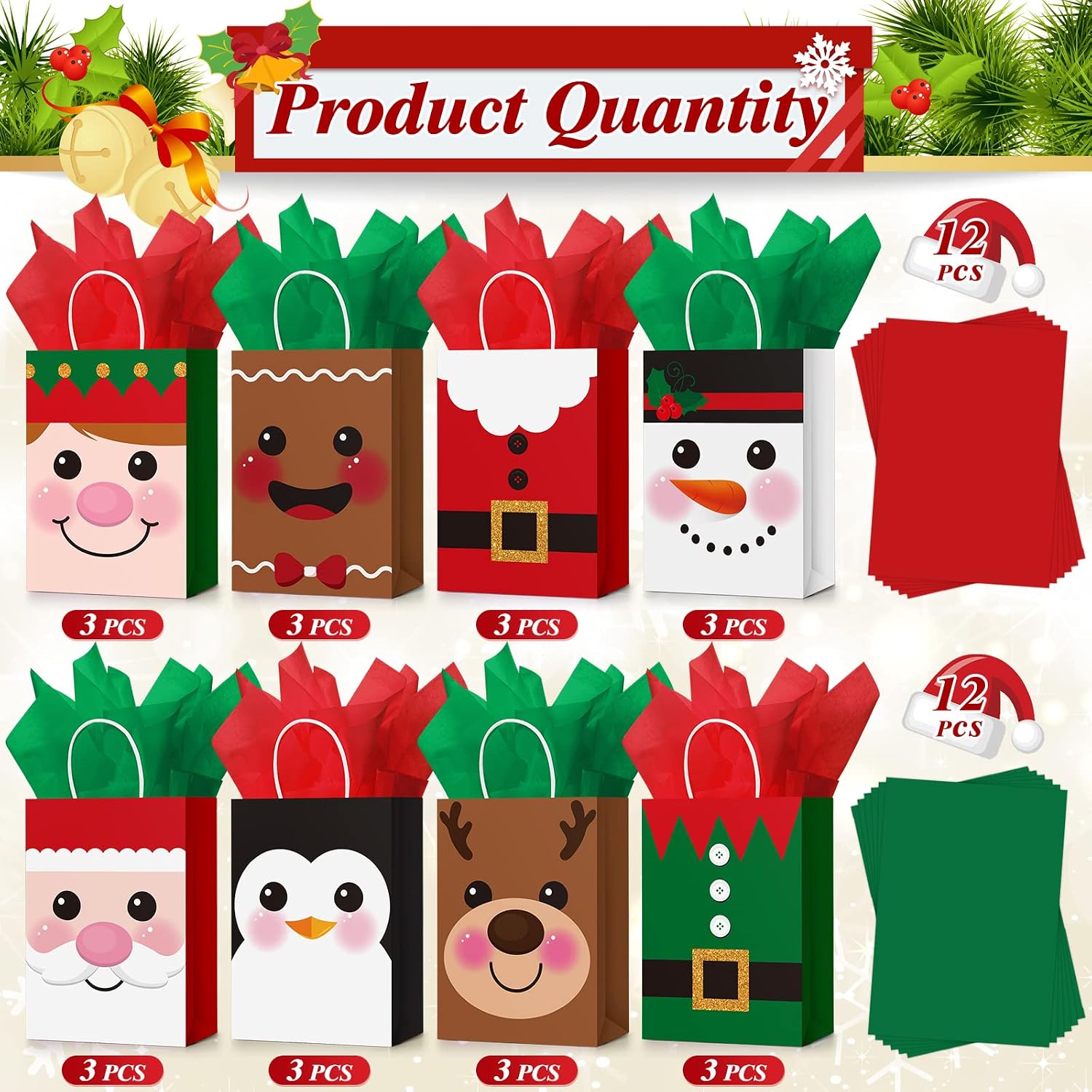 Censen 24 Pcs Christmas Gift Bags with Tissue Paper, Cute image 2