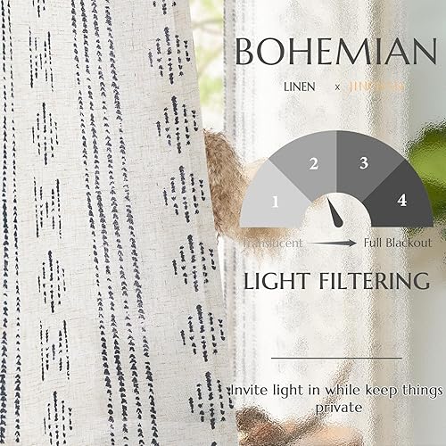 Miniatura 4 de JINCHAN - Cortinas de lino para sala de estar y dormitorio, 63pulgadas de largo, diseño bohemio, rústico, geométrico y a rayas con ojales, filtro de