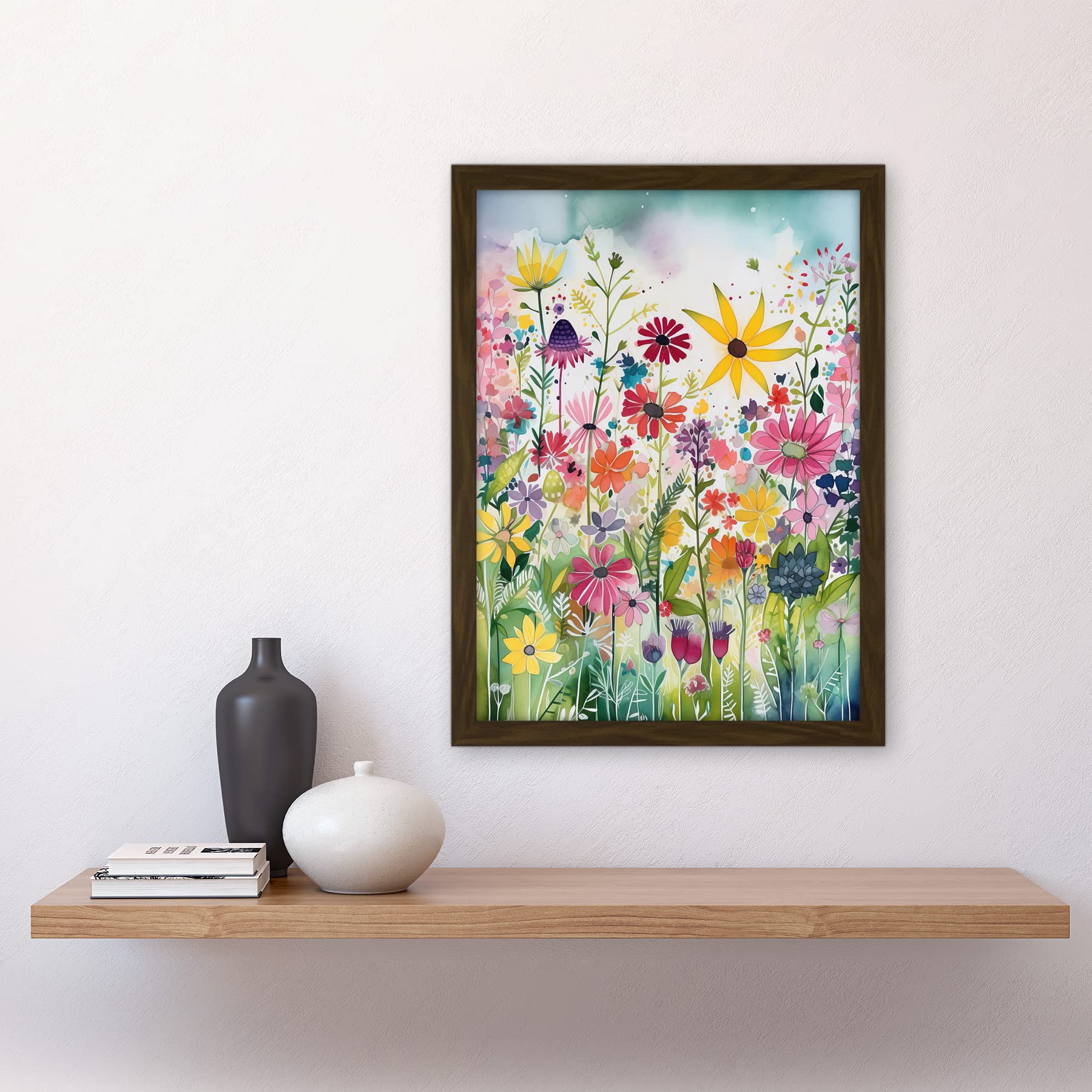 Artery8 Bright Wildflower Floral Blooms Folk Art Artwork Framed A3 Wall Art Print, Framed Brown A3, 45.5L x 33W cm - Image 2