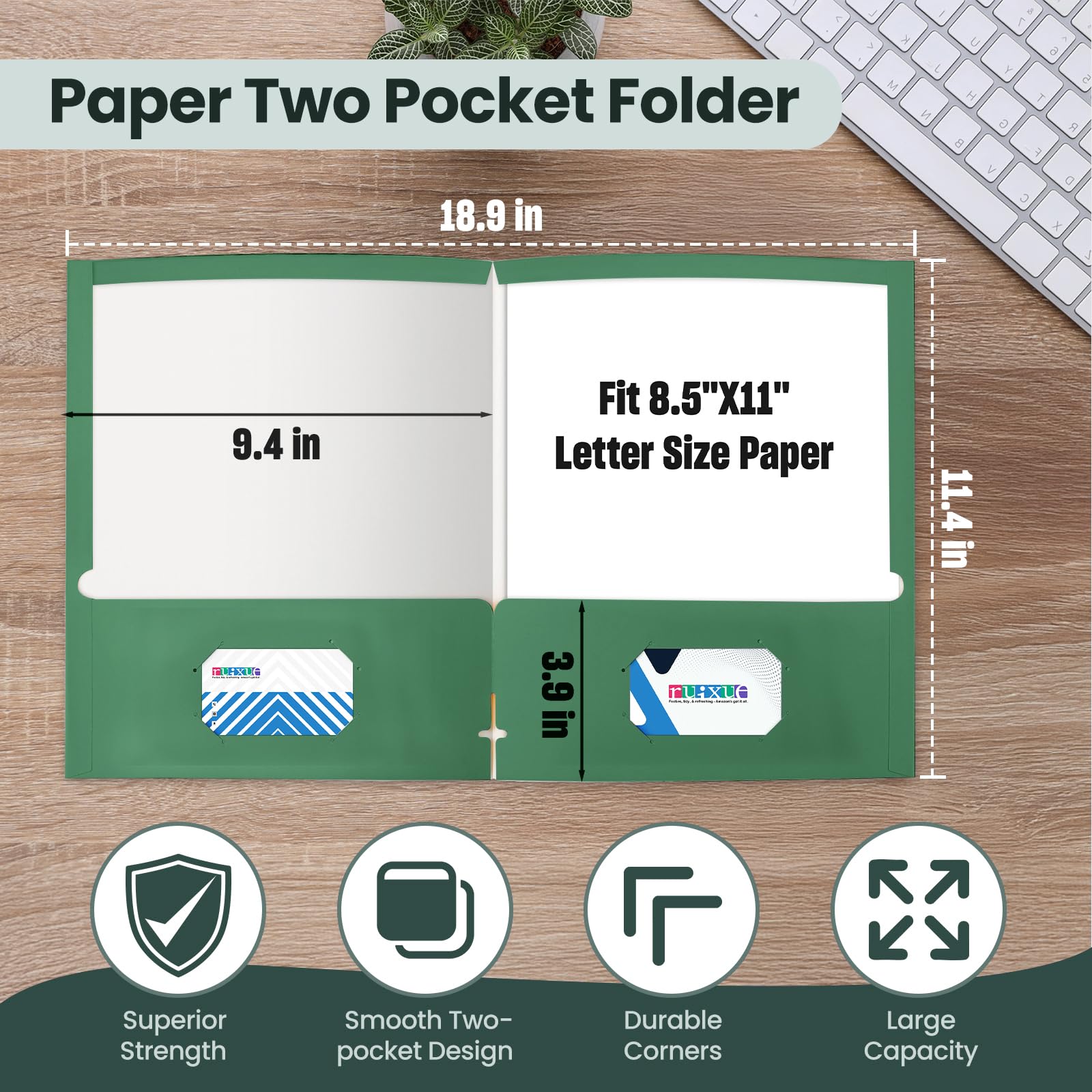 Lot de 100 dossiers verts à deux poches pour documents de format lettre, dossiers papier durables pour l'école, le bureau, les entreprises (vert foncé)