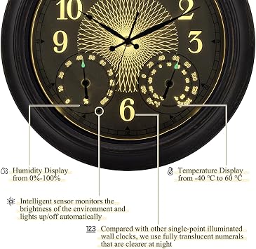 18 Inch Illuminated Indoor Outdoor Clock Waterproof with Thermometer Hygrometer Smart Sensor Large Black Metal Wall Clocks Battery Operated for Patio, Garden, Living Room, Bedroom, Pool, Porch