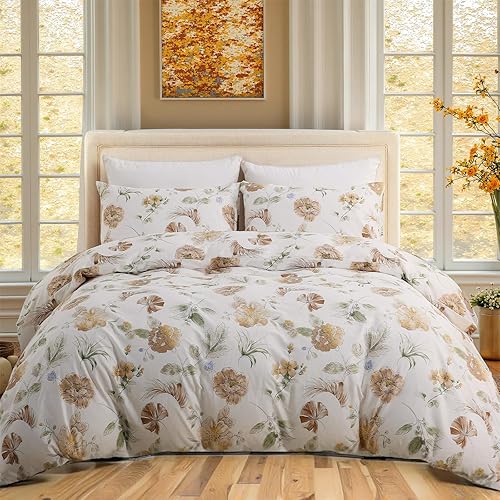 Miniatura 10 de Juego de funda de edredón tamaño Queen de 100% algodón, diseño floral vintage, juego de ropa de cama con cierre de cremallera y lazos de esquina, 3