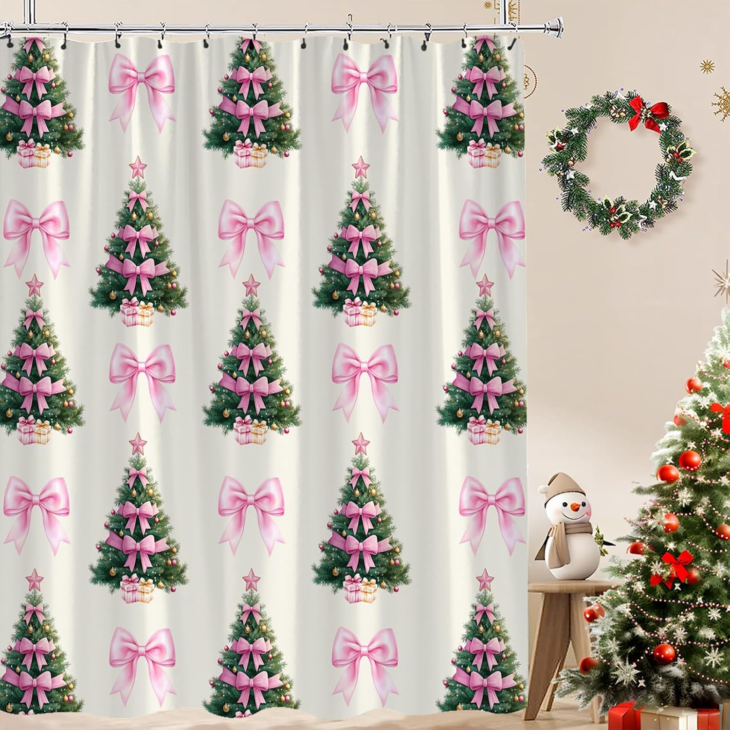 Christmas Tree Shower Curtain Cute Pink Bow Green Pine Tree Merry Christmas Winter Xmas Holiday Happy New Year Beige Fabric Bathroom Curtain with Hook