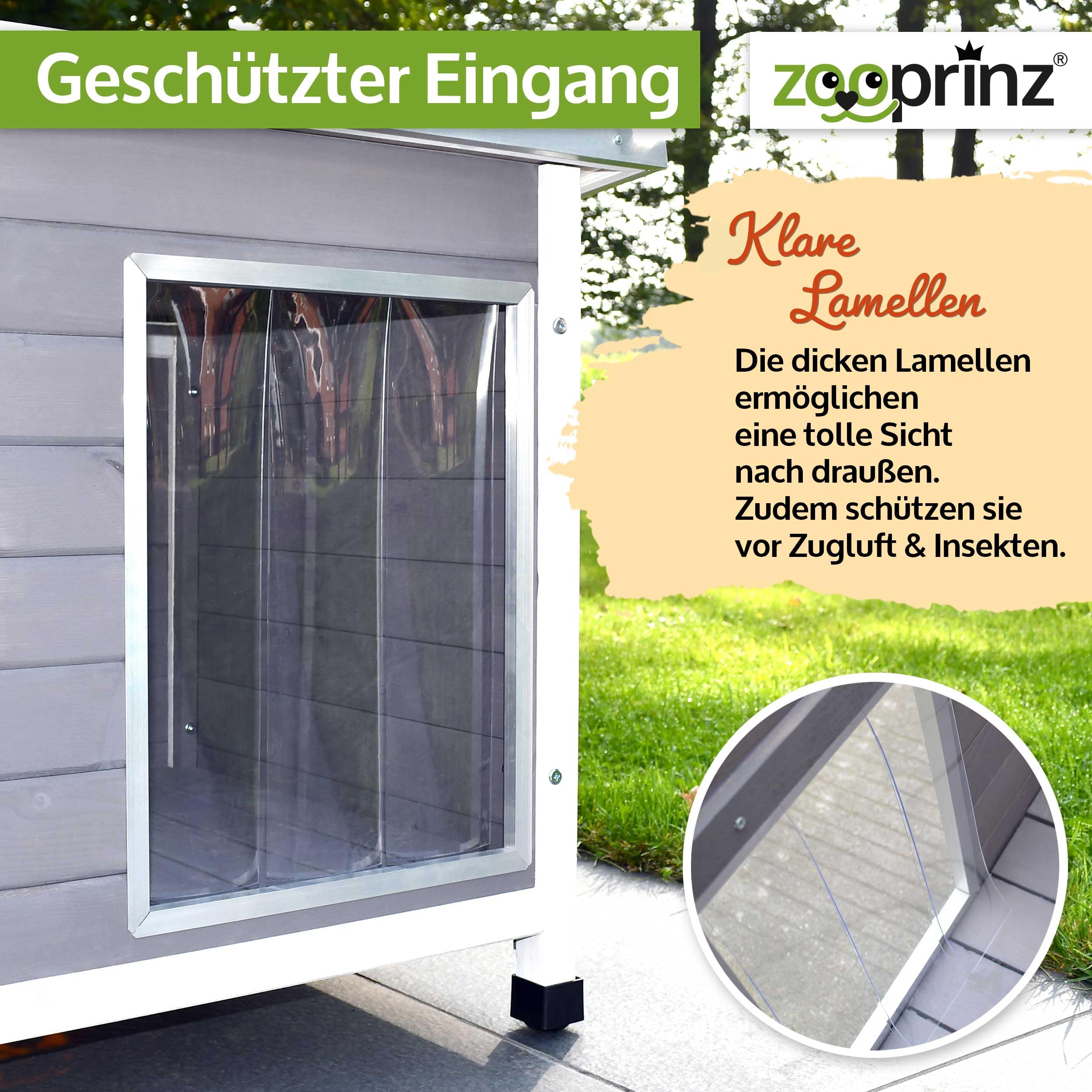 zooprinz Exklusive Hundehütte Jacky – aus wetterfestem & massivem Holz mit Metallrahmen, Dach zum Öffnen, Lamellentür & Kunststofffüßen – Hundehütte für Indoor und Outdoor (Hellgrau, XL)