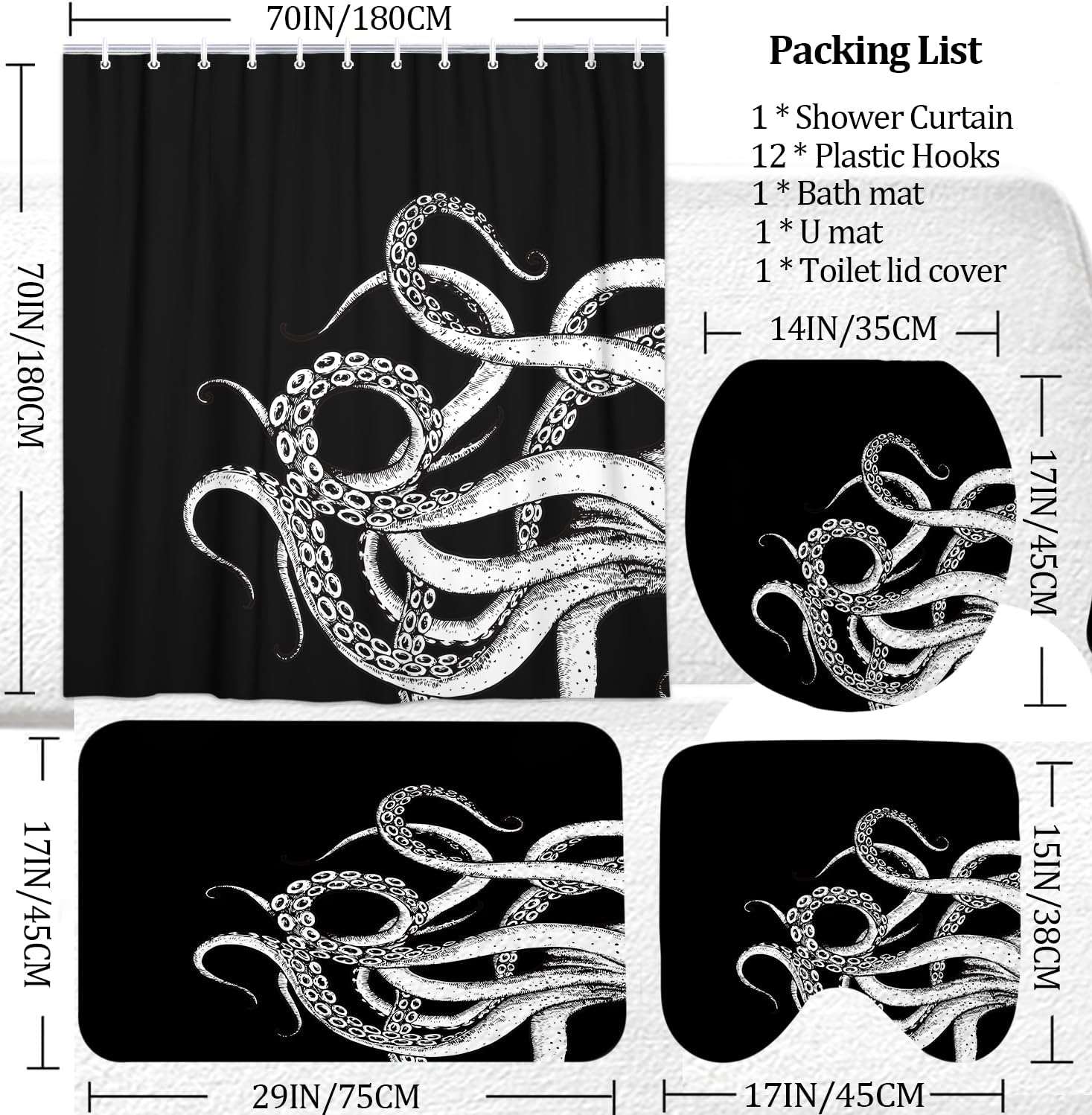 4 Pcs Nautical Octopus Shower Curtain Set with Funny Black and White Sea Shower Curtain and Carpet and Accessories, Waterproof Bathroom Shower Curtains Decorative Set with 12 pcs Hooks,