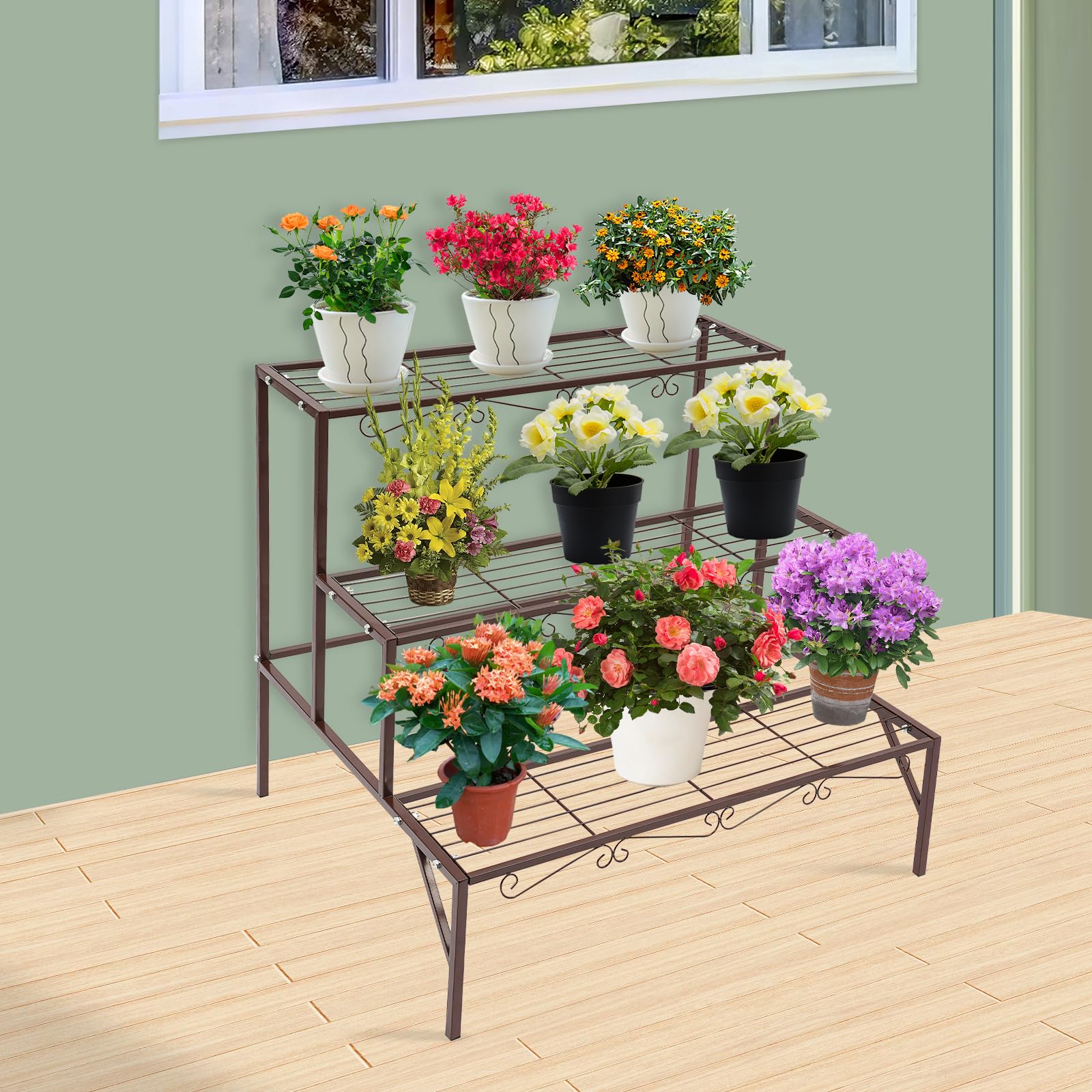 3-stufiger Metall Blumentreppe Pflanzenständer Freistehender Pflanzenstän 70x58x60cm, 20kg pro Etage für Garten, Balkon und Indoor Outdoor (Bronze)