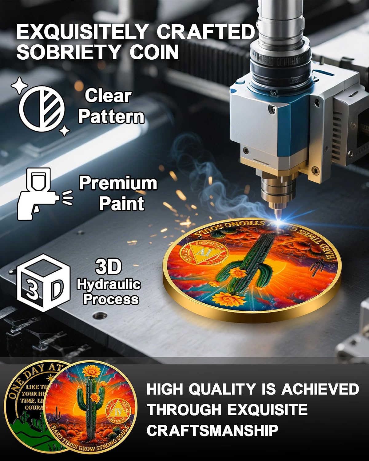 Cactus Flower 4 Year Sobriety Coin | AA Medallion with Token Capsule - One Day at a Time & Inspirational Quotes - Personal Health & Recovery Sobriety Gift for Men and Women