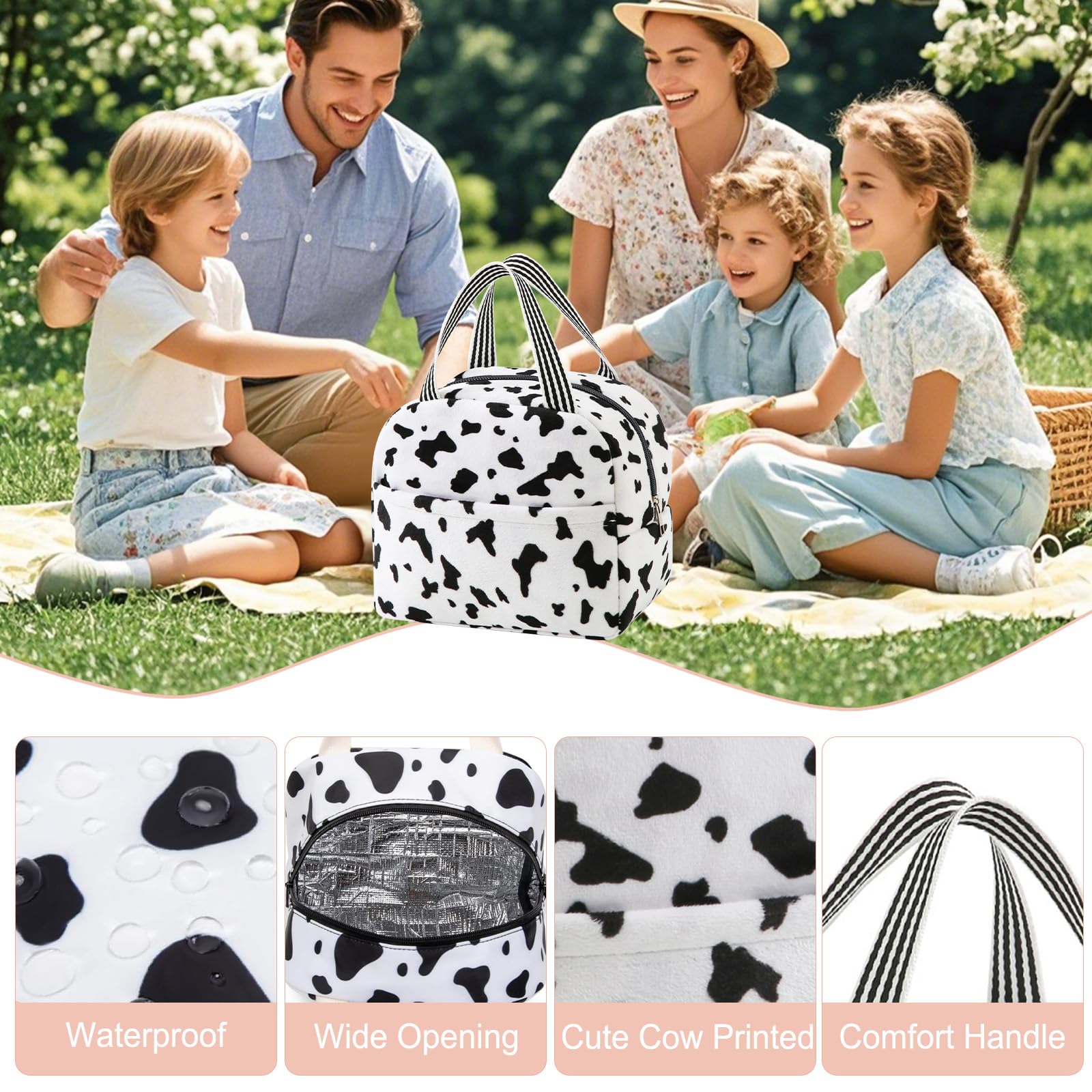 Binoster Cow Gifts for Women Insulated Lunch Bags Kawaii Cooler Lunch Bag Cow Print Packed Lunch Box Tote Bag Cute Stuff Gifts for Women Girlfriend Cow Lovers - Image 3